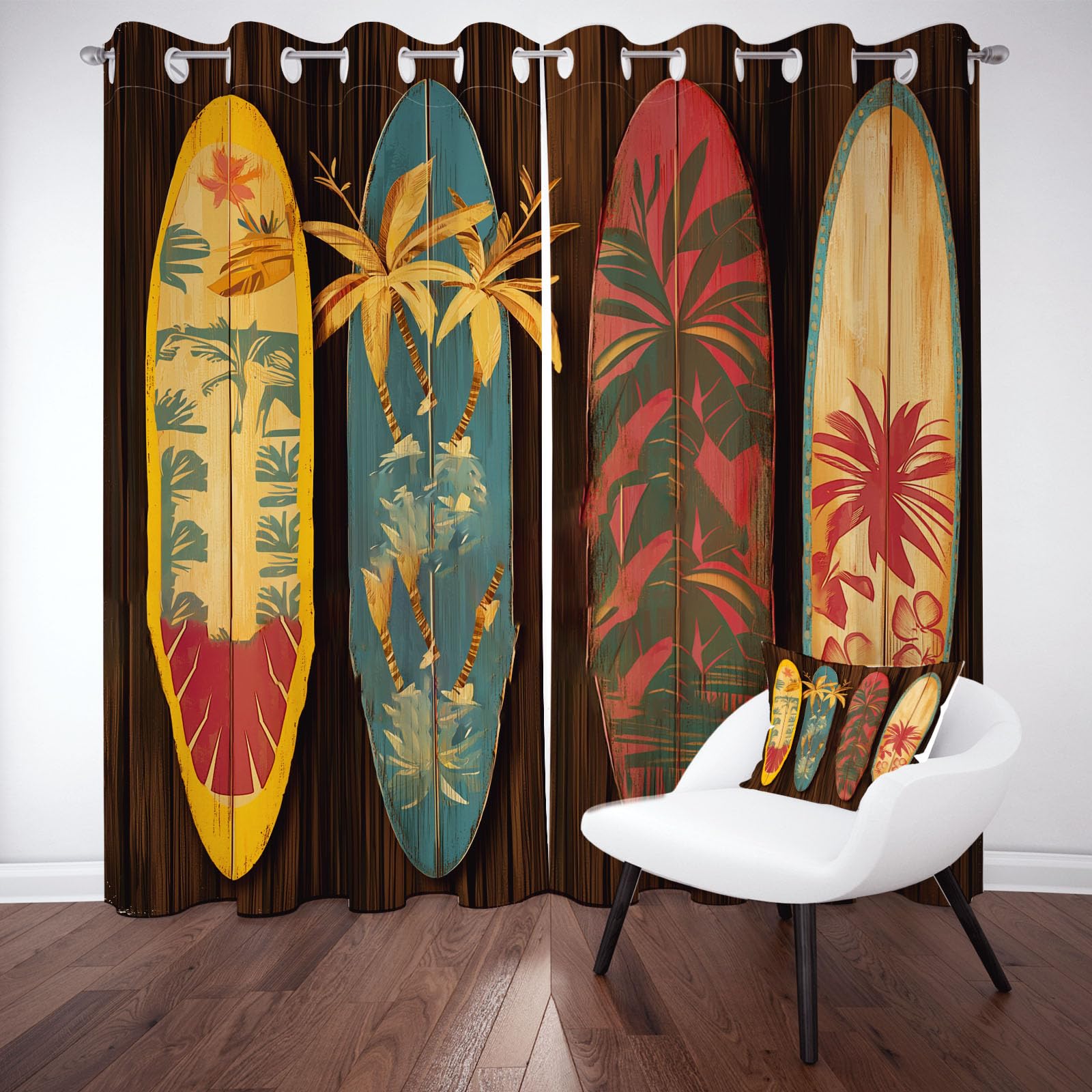 Lkobhhs Summer Surf Blackout Curtains 52"W x 96"L 2 Panels Set Vintage Colorful Surfboard Grommet Curtain Soundproof Thermal Insulated, Tropical Palm