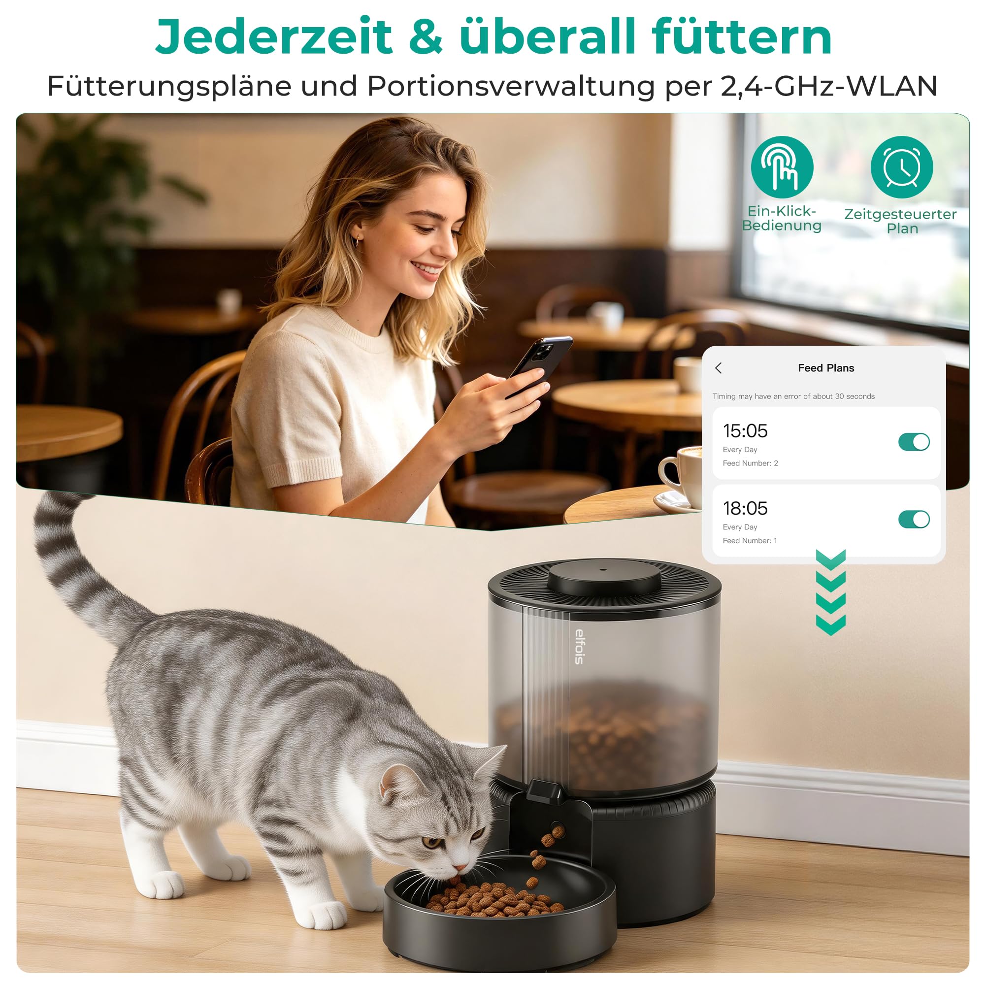 WiFi Futterautomat Katze, Smart App-Steuerung, 3L