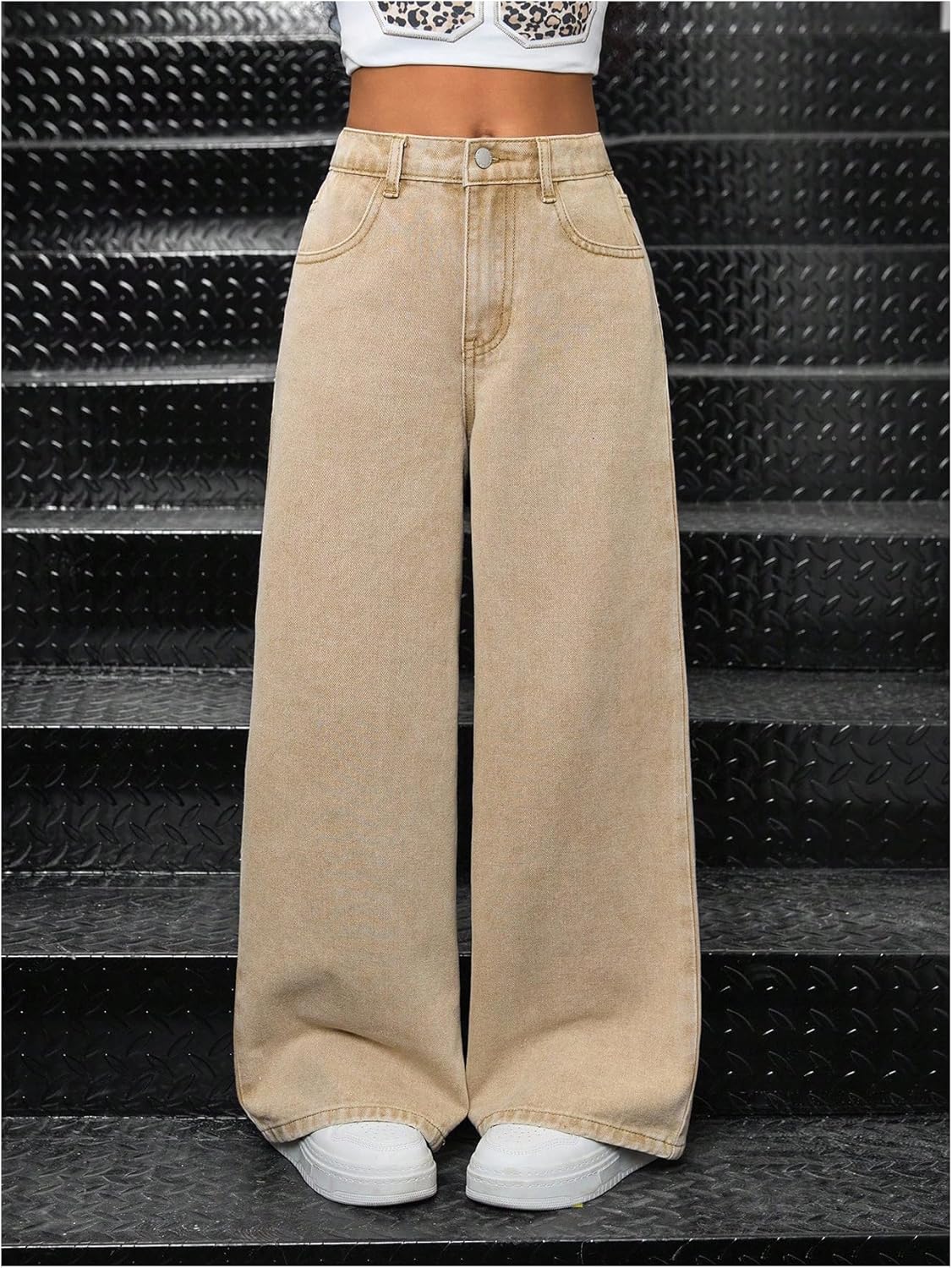 WDIRARA Girl's Star Patched Baggy Jeans Wide Leg Denim Pants Streetwear