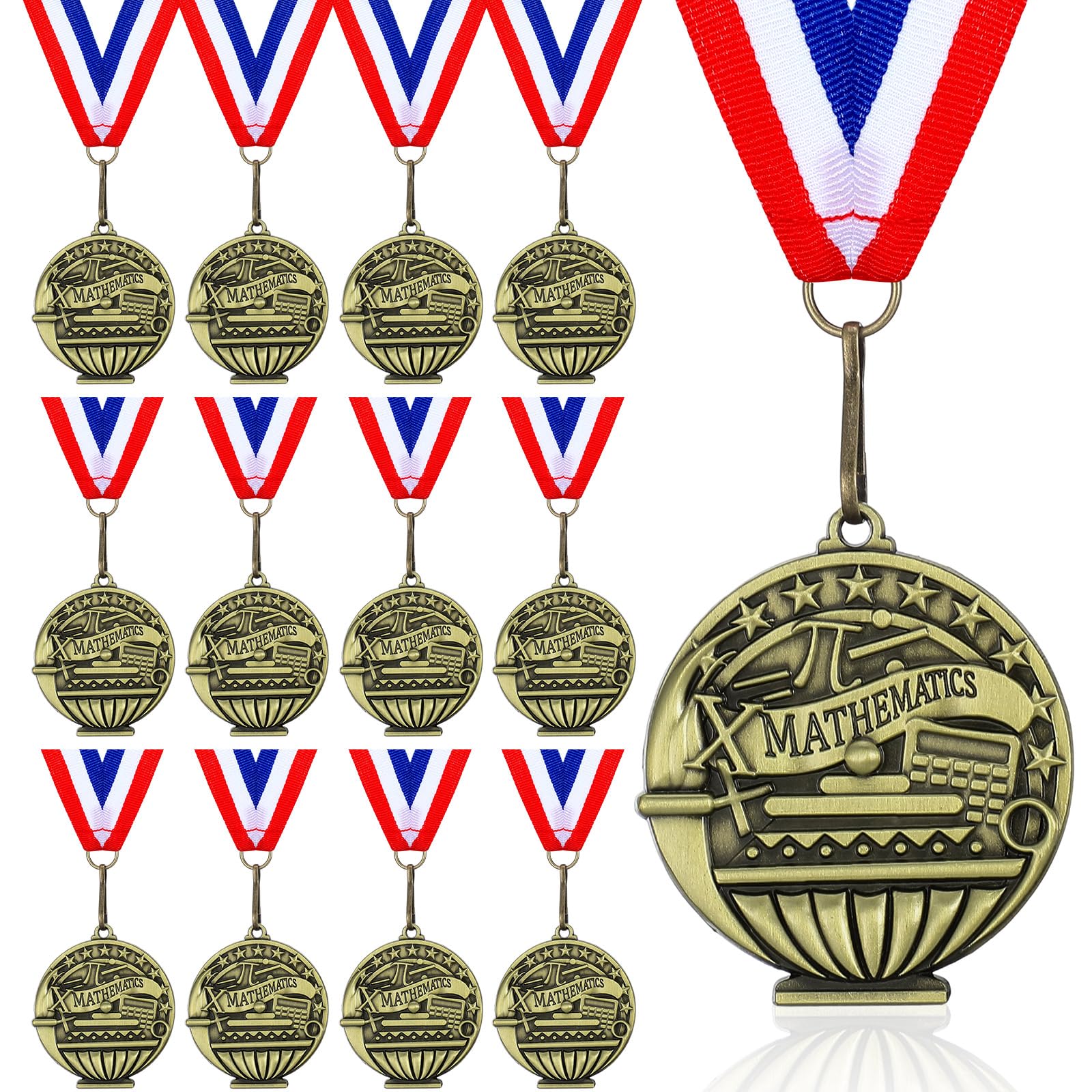 12 medallas de premio de matemáticas a granel de 2 pulgadas con cintas para el cuello, ganador de bronce dorado, premio de metal de matemáticas, premio de premio de matemáticas para