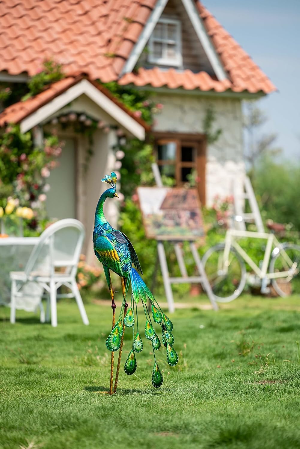 TERESA'S COLLECTIONS Solar Peacock Garden Statue for Yard Decor, 35 Inch Bird Large Metal Lawn Ornaments Yard Art for Outdoor Outside Backyard Porch Patio Pond Pool Indoor Decorations