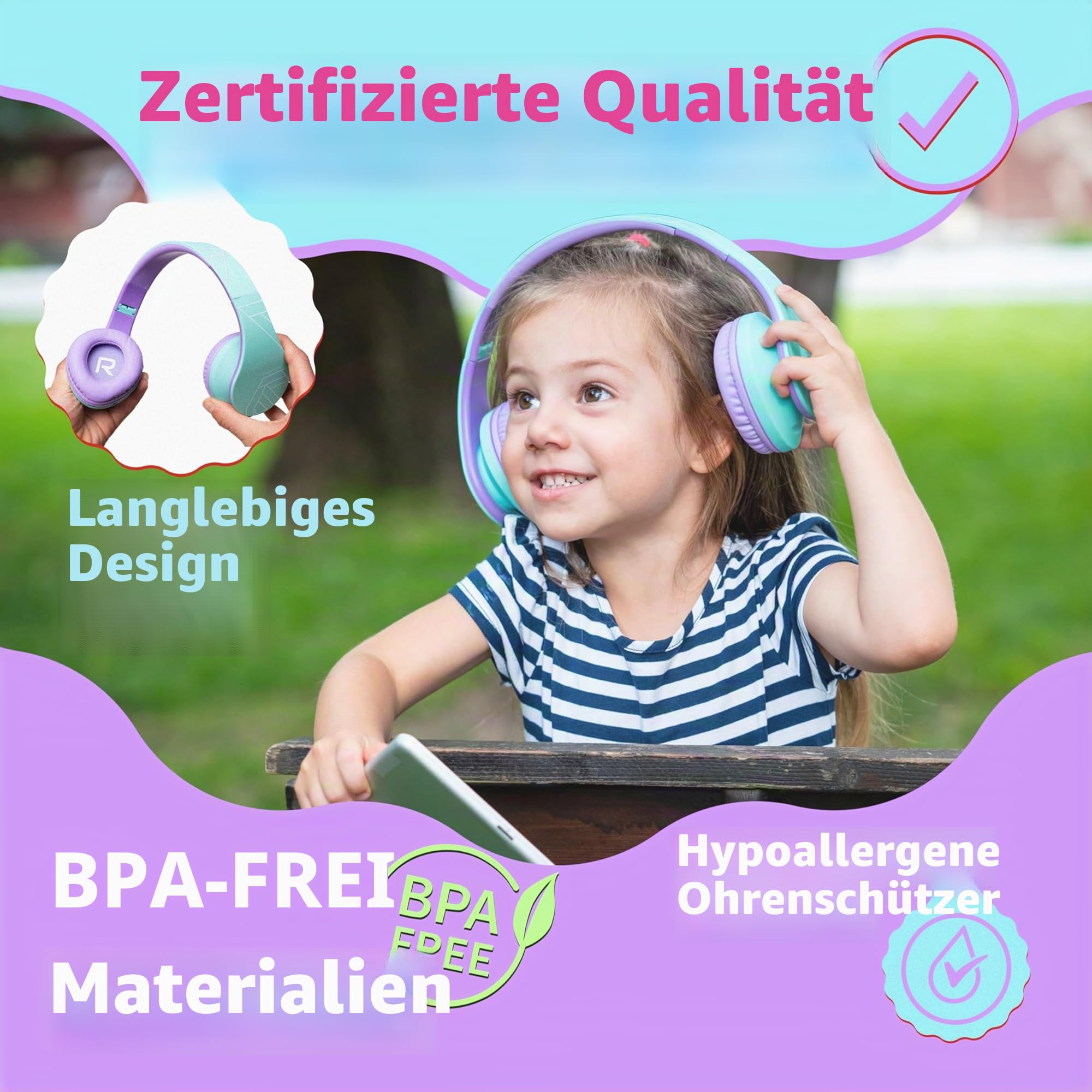 Kinder Kopfhörer, PowerLocus KinderKopfhörer Bluetooth mit 85dB Lautstärkebegrenzung, Faltbar mit Tragetasche, Kopfhörer Over Ear Kabellose und Kabel mit Mikrofon, Micro-SD-Modus für Handy, PC, Tablet