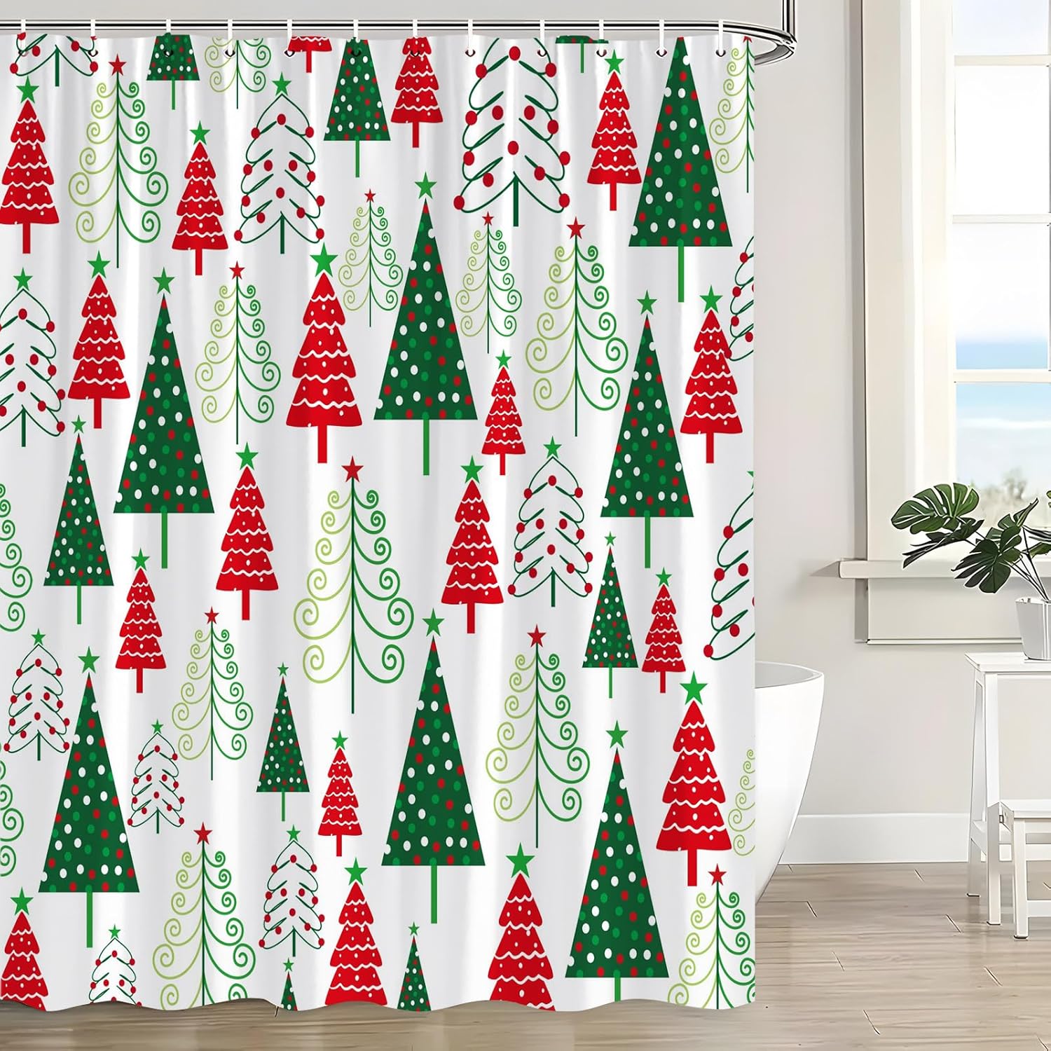 Christmas Shower Curtain Red Green Xmas Tree Star Polka Dots Cartoon Modern Geometric Pine Fir Simple Winter Holiday Happy New Year Bath Curtain with Hooks