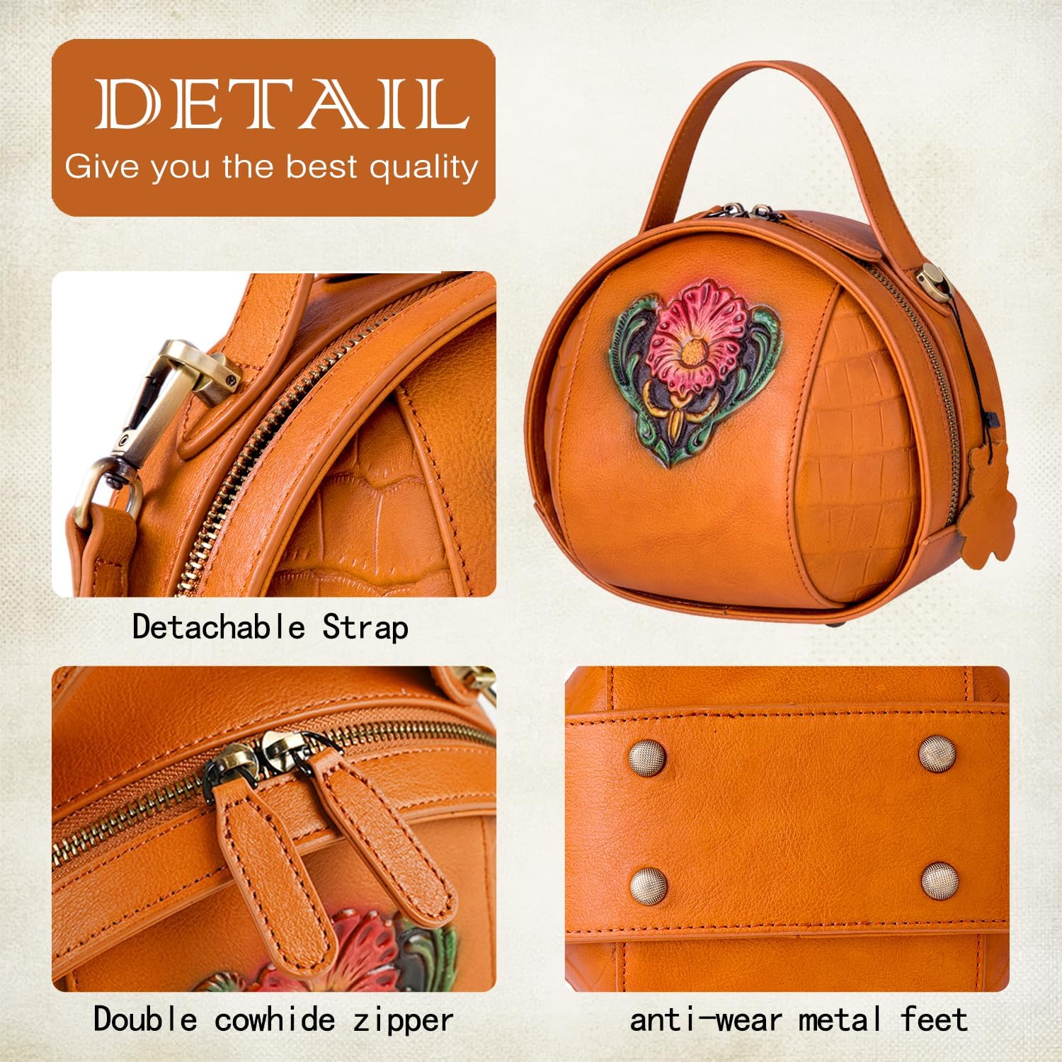 Vintage Genuine Leather Crossbody Bag for Women – Small Structured Top Handle Purse with Hand-Embossed Flower