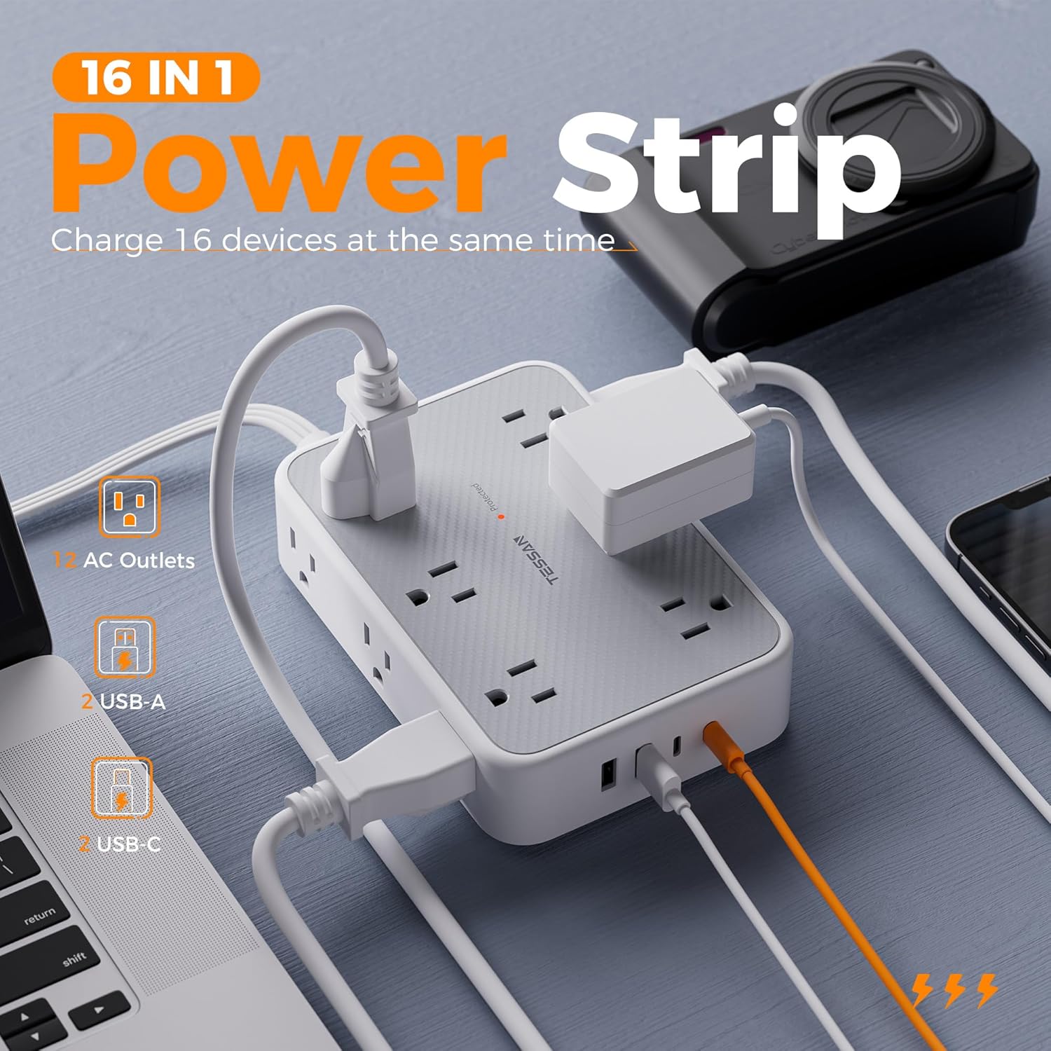 TESSAN Surge Protector Power Strip, 10FT Flat Extension Cord with Multiple Outlets, 12 Outlet Extender with 4 USB (2 USB-C), Flat Plug Power Strip, 1800J Surge Protection, Office, Dorm Essentials