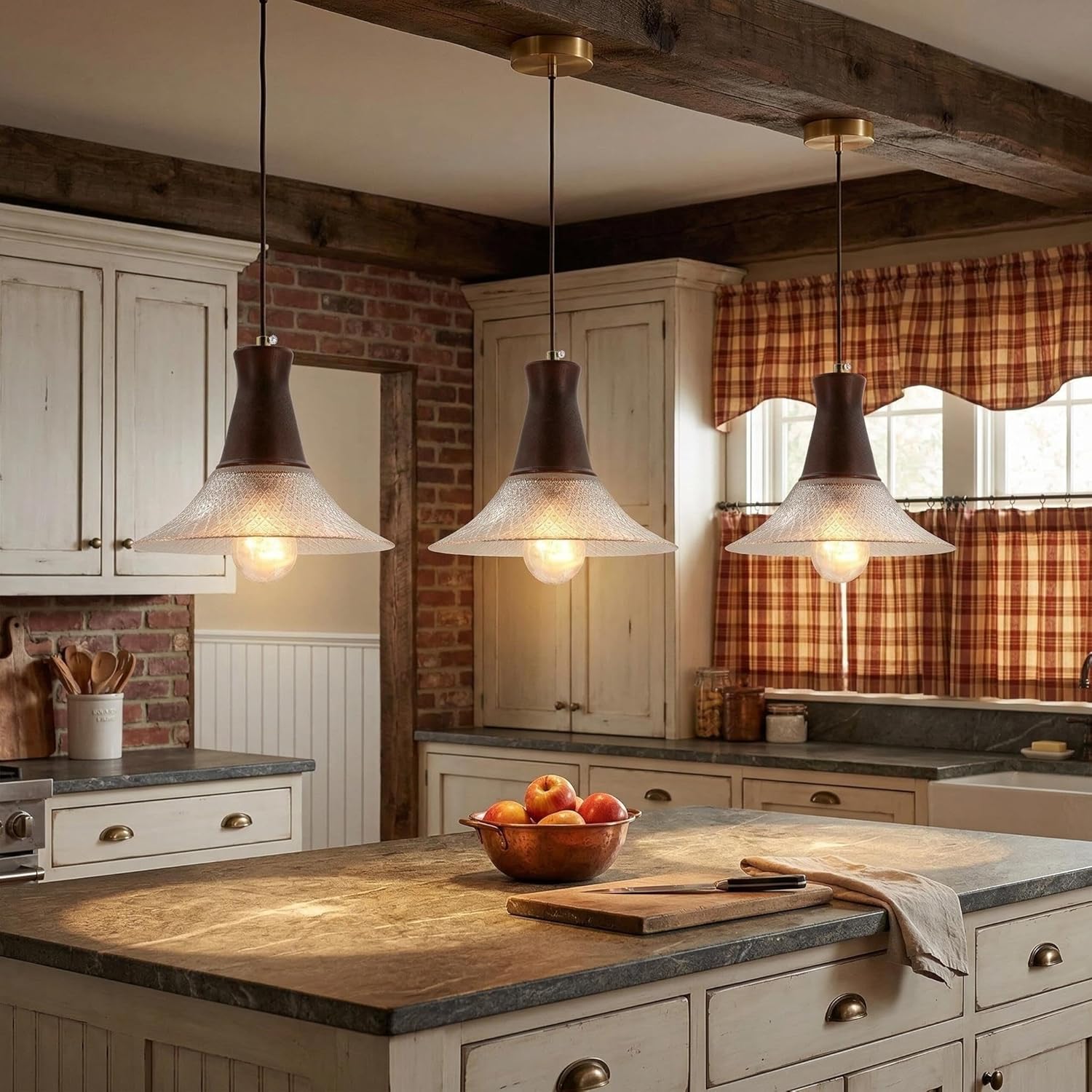 Vintage Farmhouse Glass Pendant Light Fixture 9 Inch Industrial Clear Ceiling Hanging Light with Walnut Wood lamp Holder for Kitchen Island Hallway Bar Dining Room Bedroom Foyer（3 Pack）