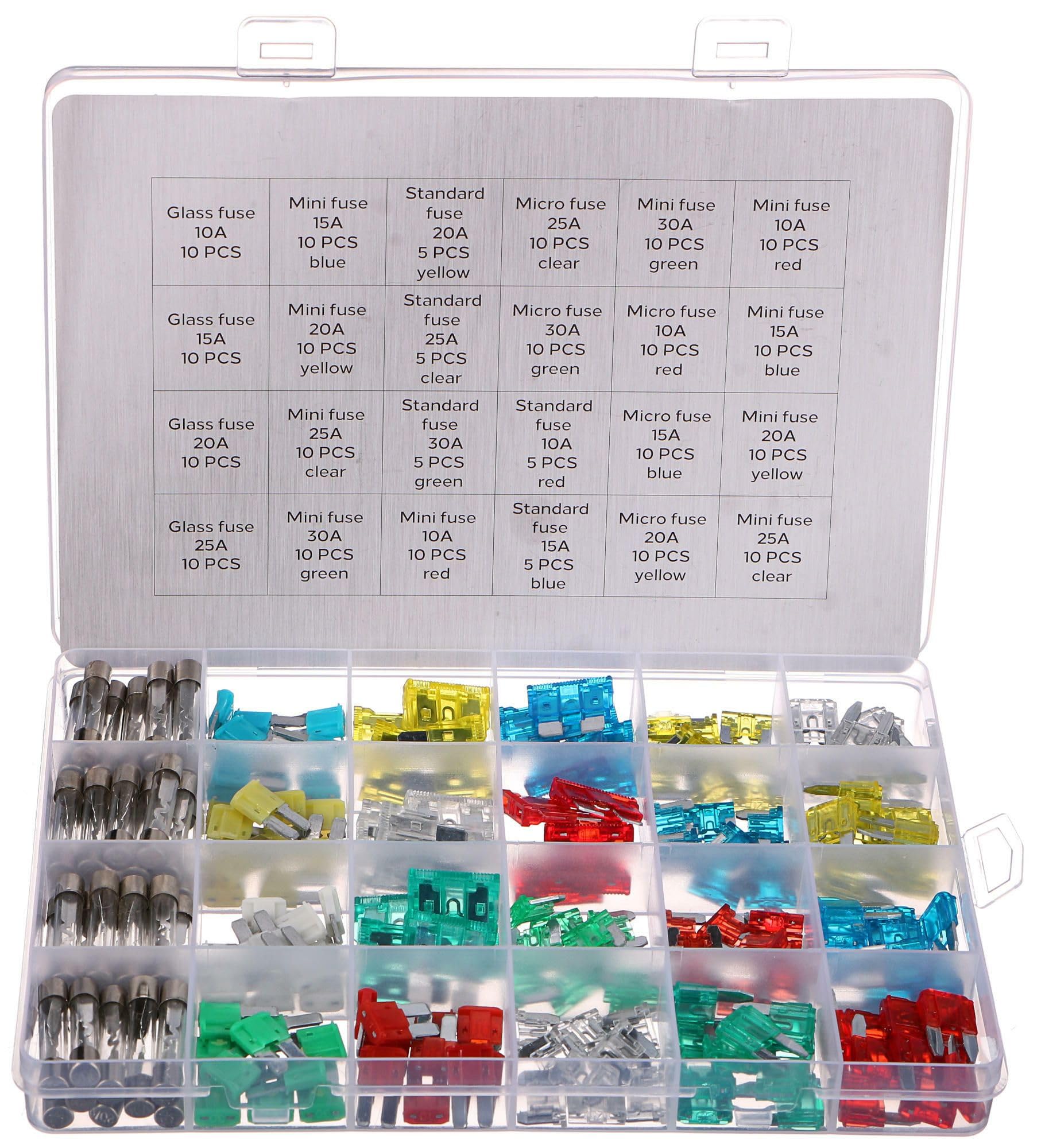 MECHANIC FUSE SET 215 | Jeu de fusibles plats pour voiture | 215x Micro/Mini/Standard/Verre | Pour voiture/camping-car/moto | 10A, 15A, 20A, 25A, 30A
