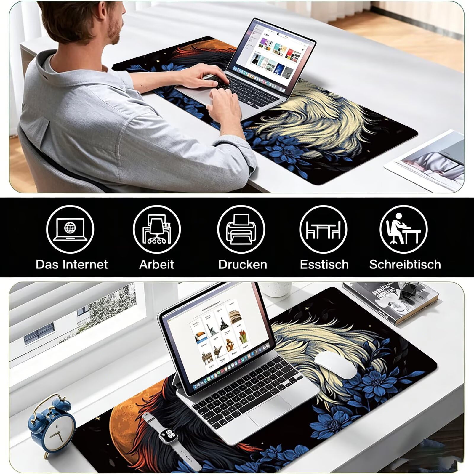 Tappetino Mouse Gaming, 1200x600mm Tappetino Mouse XXL bianco nero 0c0-260 | Mouse Pad Grande, Ottimizzato per i Sensori da Gioco, Migliora Precisione e Velocità, per Mac e PC, lupi