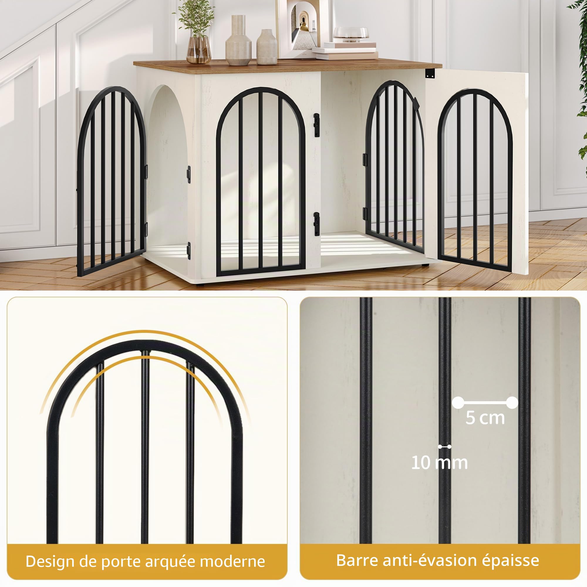 Hzuaneri 80cm Cage pour Chiens, Table d'Appoint, Niche Moderne pour Chiens Intérieur, Cage pour Chiots, Maisonnette pour Animaux, 3 Portes, Porte arquée, 80 x 56 x 61 cm, Blanc et Marron DFC85114B
