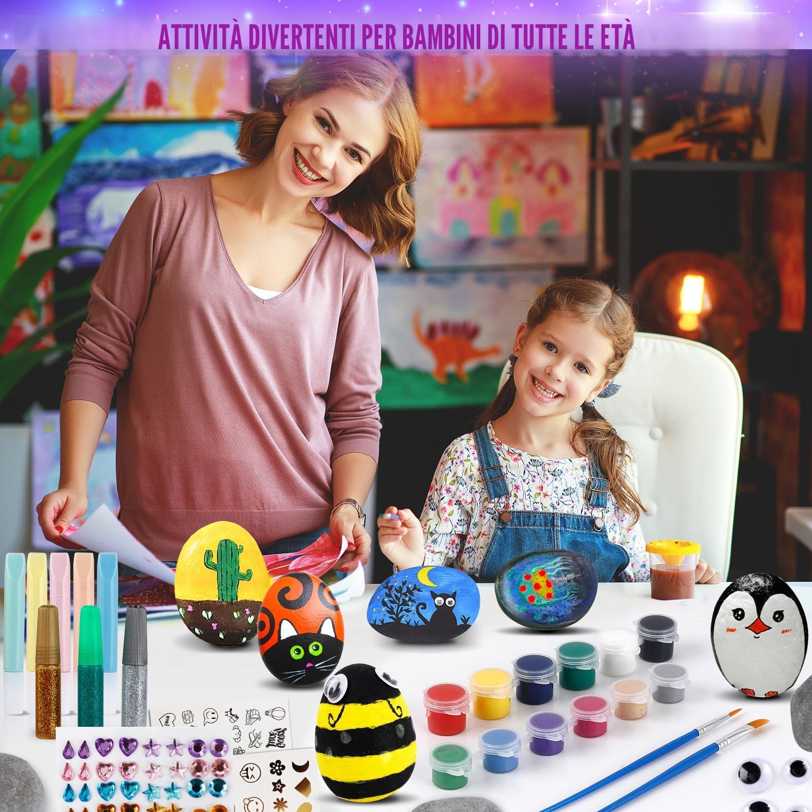 Sassi Da Dipingere, Kit Pittura per Bambina 4-9 Anni, Regalo Creativo, Lavoretti Bambini, Colori Acquerelli, Giochi Creativi 3-10 Anni, Natale