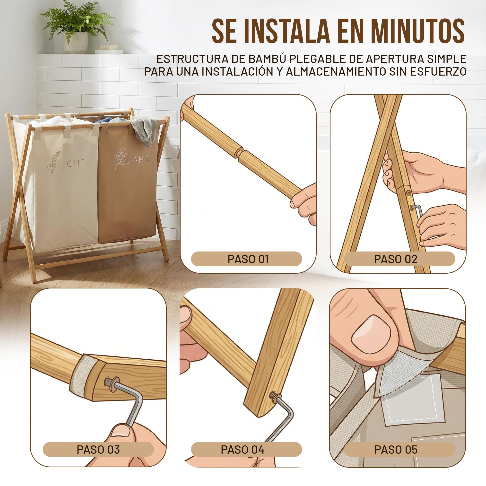 CUQUI Cesta Ropa Sucia Bambú, Cesta Ropa Sucia Dos Compartimentos XXL 155 Litros, Cesto Colada Doble Madera con Bolsas Extraíbles Lavables, Mueble Clasificador Familiar Grande para Baño