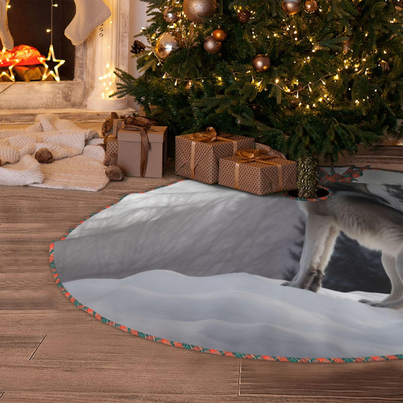 Howling Wolf Christmas Tree Skirt 48" Artificial Tree Mat Cover Merry Christmas Burlap Xmas Tree Skirt for Christmas Decoration Holiday Indoor Outdoor Winter Party Decor