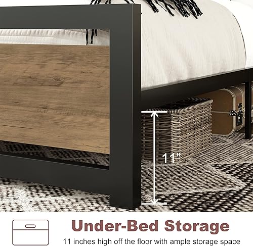 Miniatura 6 de MERRLAND Base de cama tamaño Queen con cabecera y estribo de madera sólida y estable no necesita somier fácil montaje sin ruido marrón