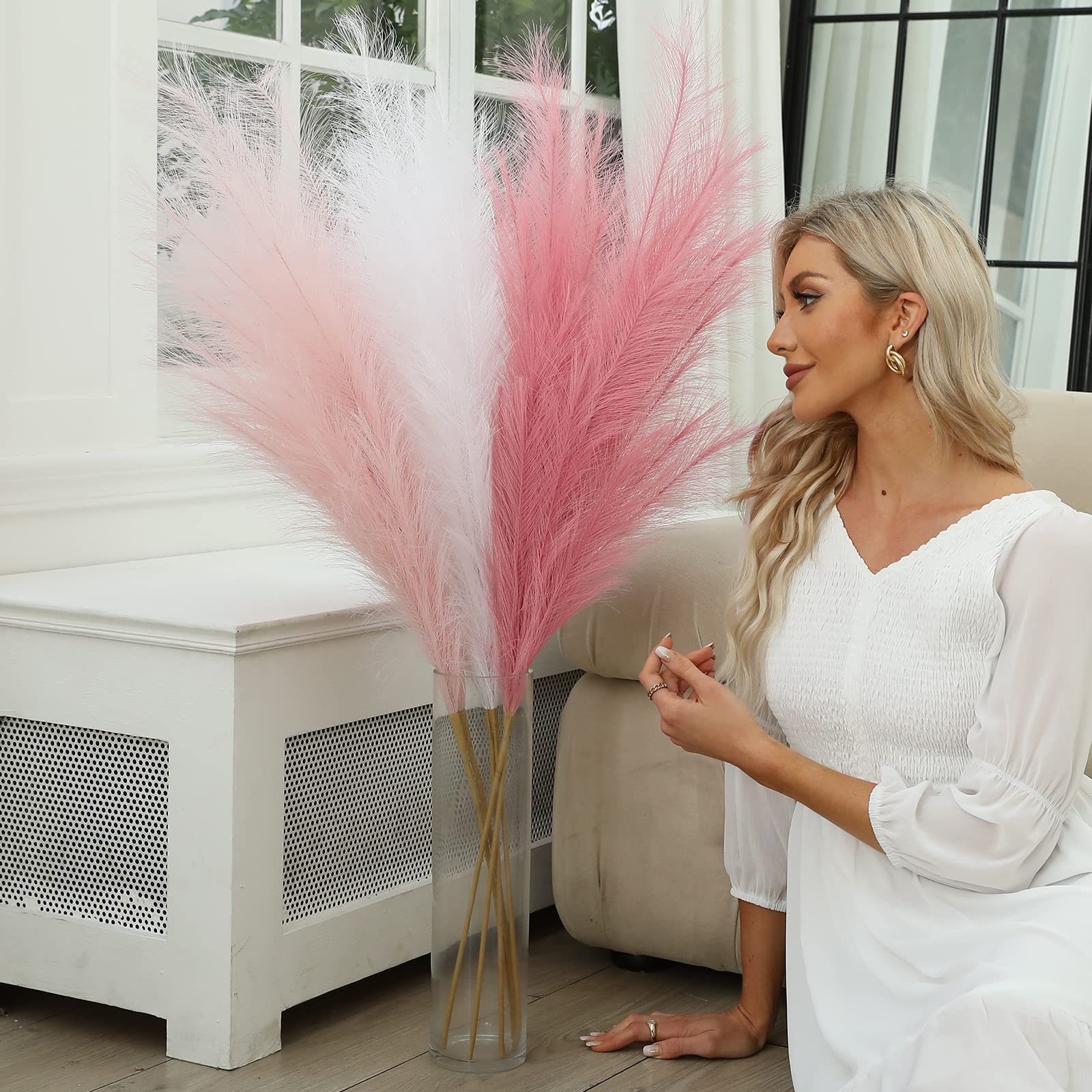 Pink Pampas Grass Set of 3Pcs,43"/110cm Tall Faux Pampas Grass with DIY Card & Wooden Beads Garland,Large Artificial Pampas Grass Decor for Boho Home Wedding Decoration(White & Blush & Pink) 3 Colors