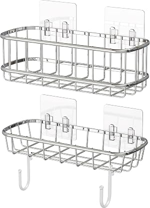 Simple Houseware Bathroom Adhesive Wall Mount Standard Shower Caddy w Hooks Chrome 2 Pack