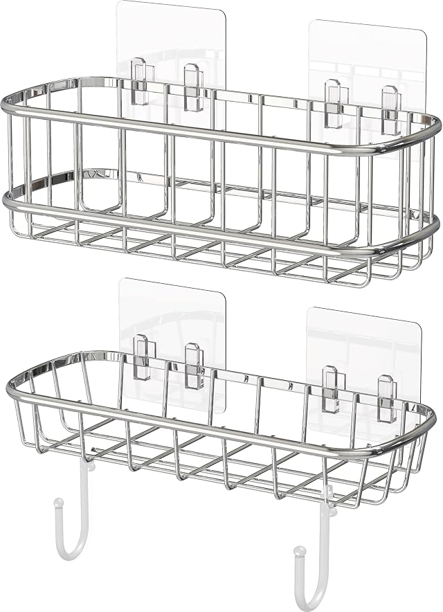 Simple Houseware Bathroom Adhesive Wall Mount Standard Shower Caddy w Hooks Chrome 2 Pack