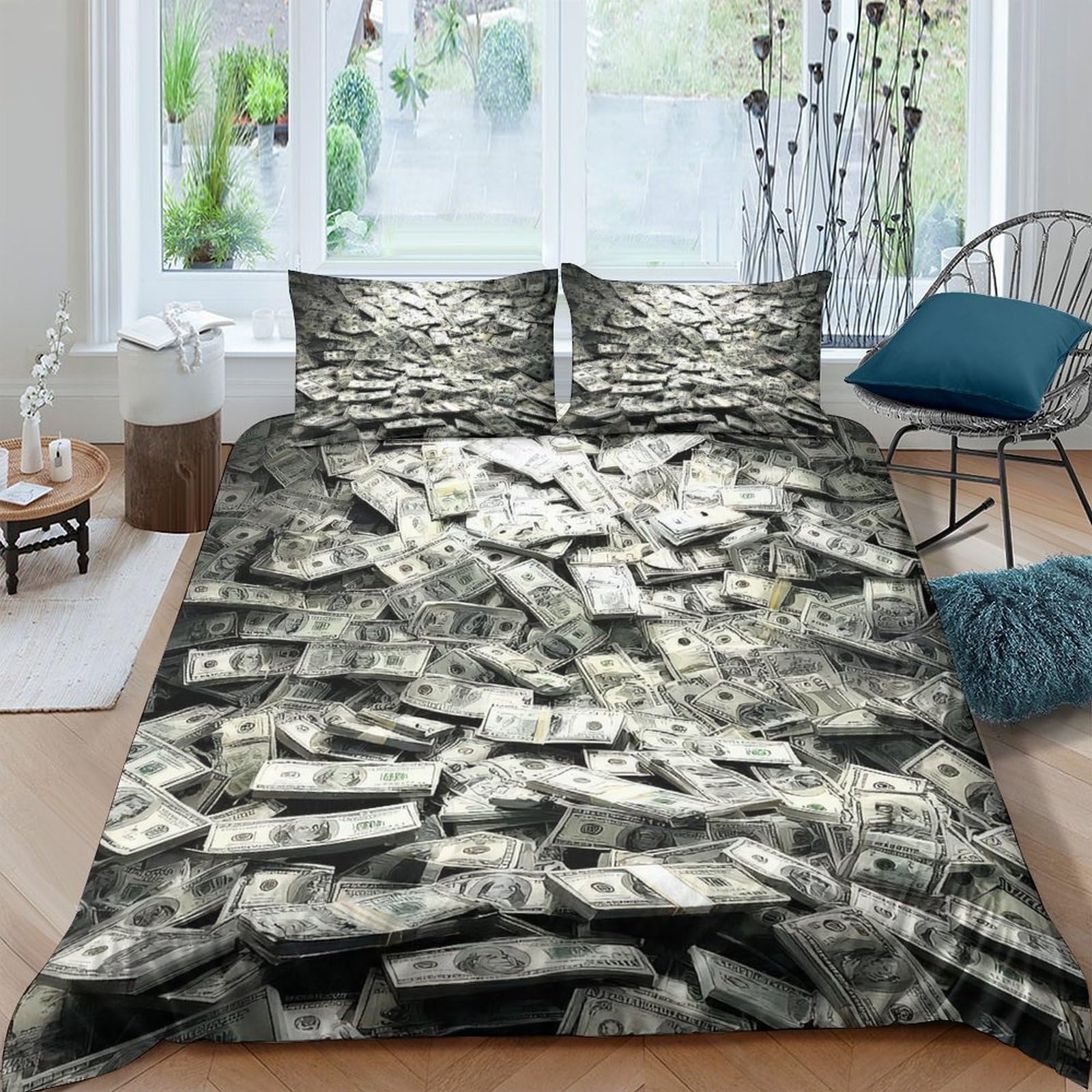Ctjqhvkz Style-10 3D Printed Money Stack Fitted Sheet Microfiber Anti-Slip Bedroom Decor Cash Pattern Bed Cover Easy Care Single（135X200cm）