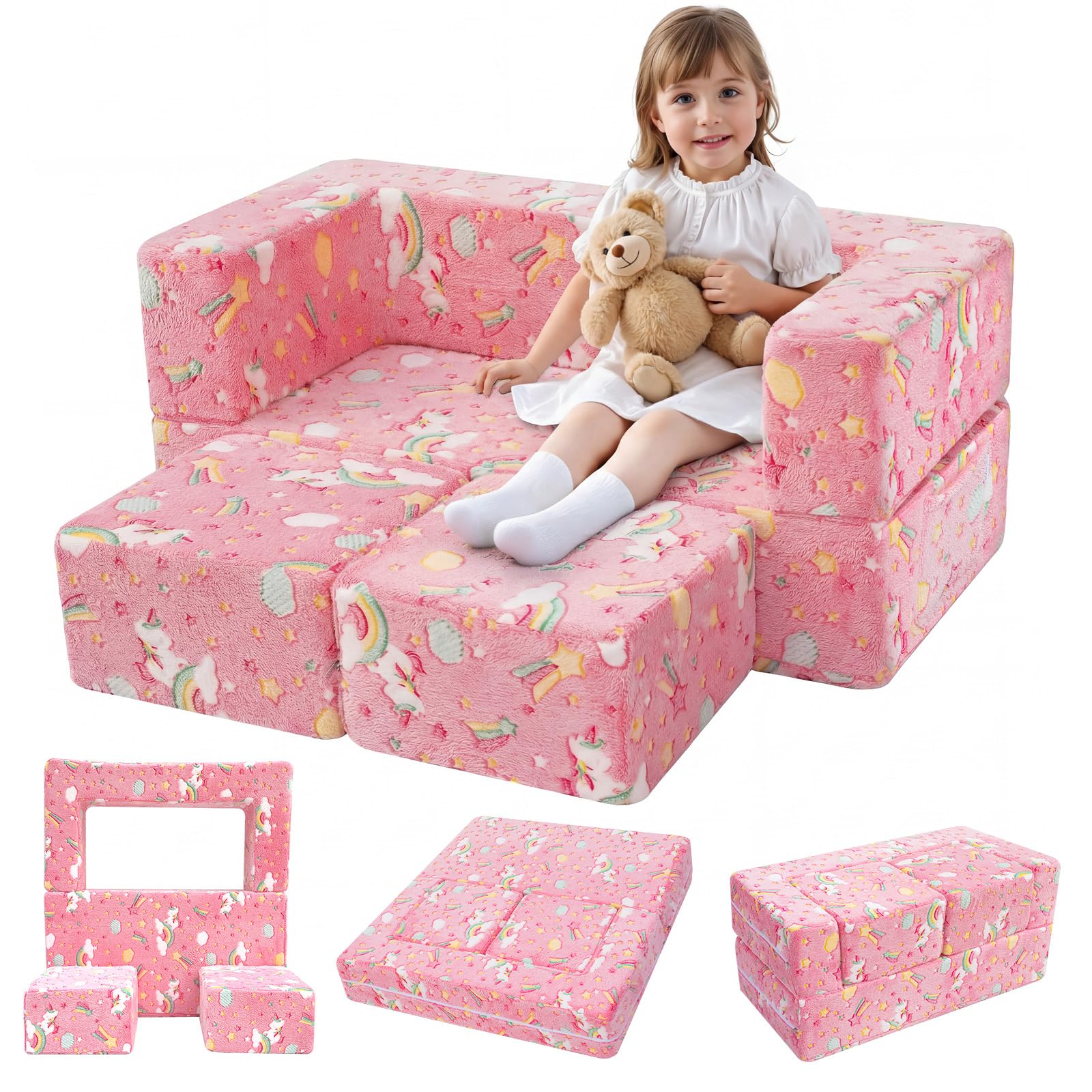MeMoreCool Colorful Unicorn Glow-in-the-Dark Kids Play Couch, Modular Toddler Couch that Folds Out to Bed, Convertible Foam Loveseat for Girls Bedroom