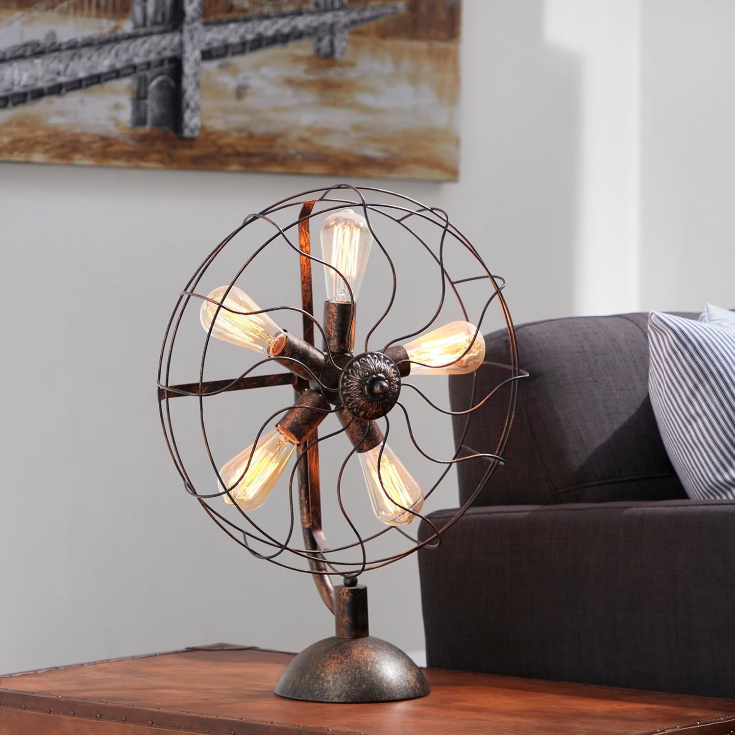 Bronze Vintage Fan Shape 5 Light Industrial Nightstand Lamp