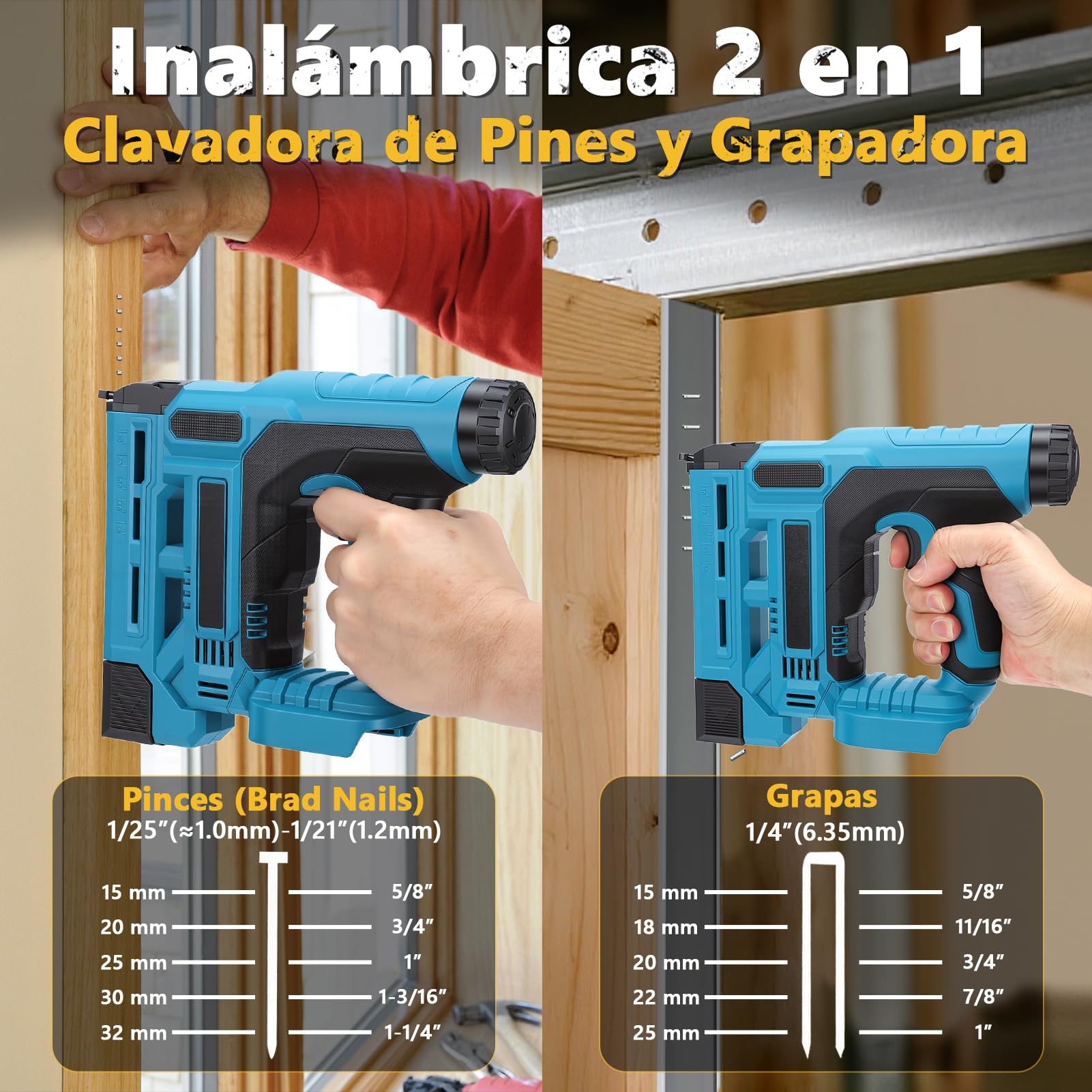 18GA Pistola de clavos inalámbrica con batería, clavador de 2 en 1, compatible con Makita 21V, profundidad ajustable, luz LED, incluye 1000 clavos + 1000 grapas, para trabajos de bricolaje en