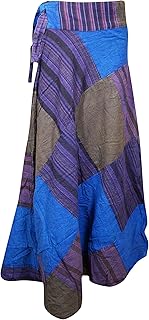 Mogul Interior Wrap Around Skirts Cotton Cobalt Blue Patchwork Midi Skirts One Size
