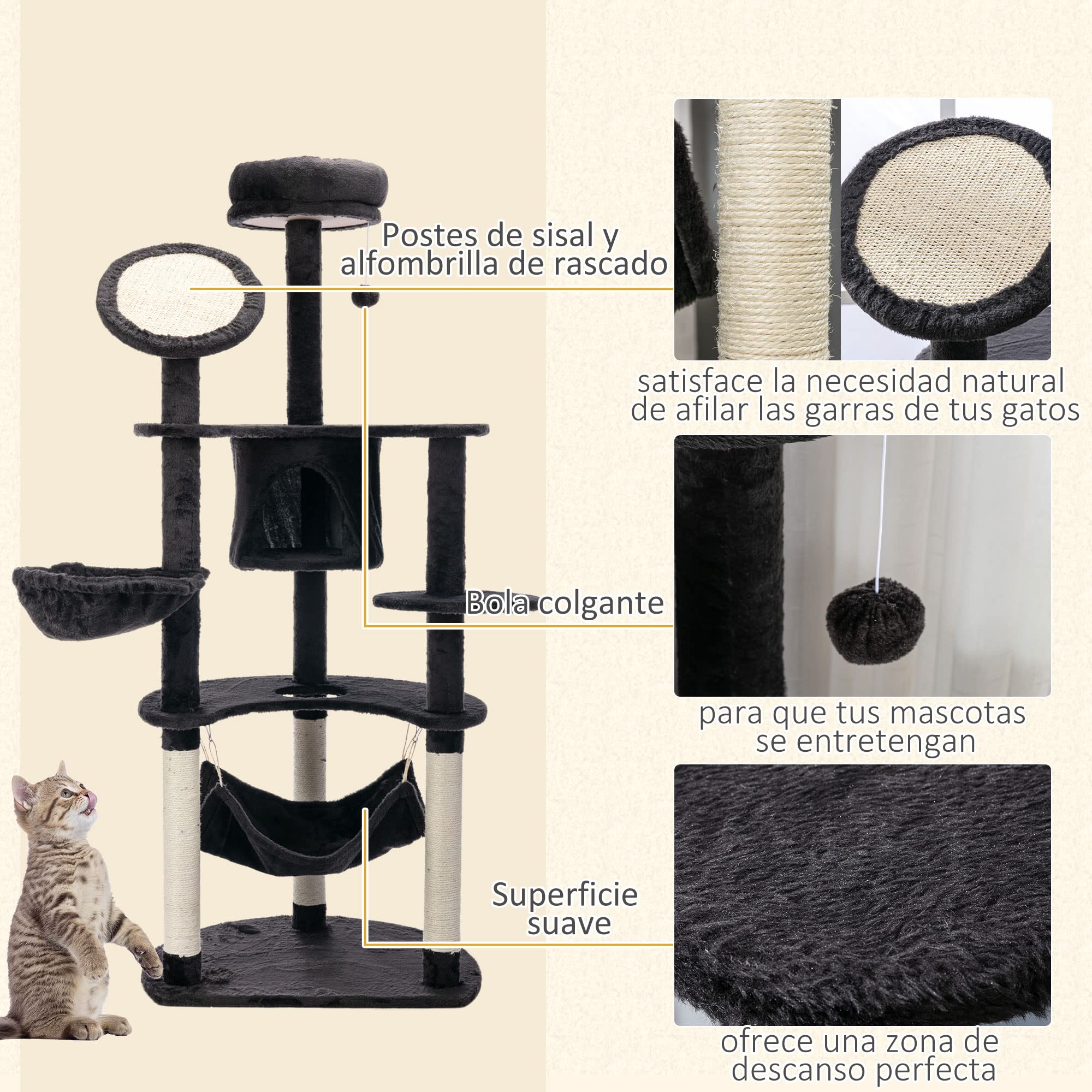 PawHut Árbol Rascador para Gatos Grande Torre 65x50x153 cm Gris Oscuro | Torre para Gatos, Centro de Actividades, Múltiples Plataforma, Poste, Hamaca, Bolas de Juguete, Cueva