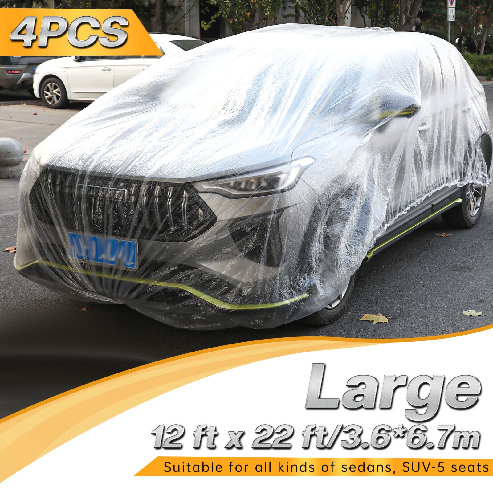 SHENLIU 4 Pack Disposable Car Covers Clear Plastic Car Cover Universal Rain Dust Garage Cover with Elastic Band — view 2