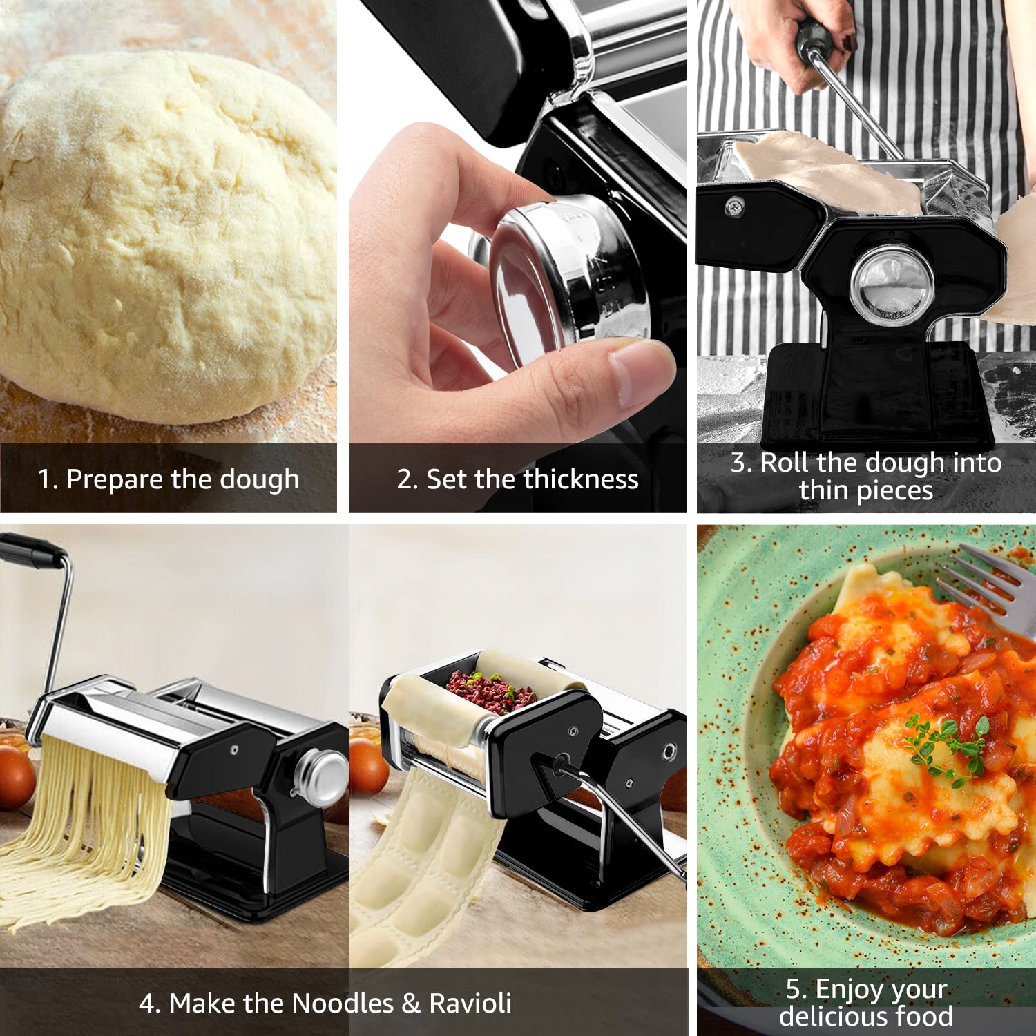 Delihom Pasta Maker Black Stainless Steel Pasta Machine Cutter