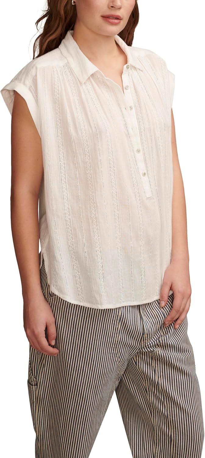 Lucky Brand Womens Lucky Brand Women's Solid Short Sleeve Popover W/Schiffli - Image 3