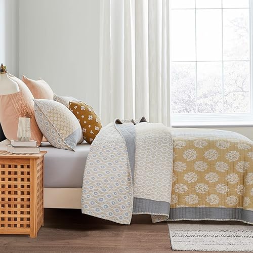 Vista 43 de PANGUSHAN Juego de edredón tamaño Queen, juego de ropa de cama 100% algodón, colcha floral reversible de retazos para cama Queen, colcha de cama