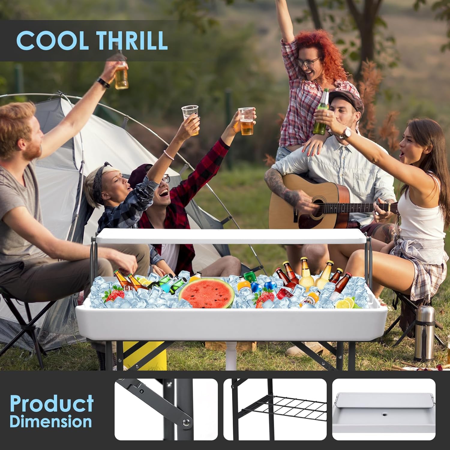 CDEN 4 ft ice Cooler Table, Outdoor Folding ice Table, Portable Cooler Table, ice Table, with Sink and Drain, with Removable Skirt (White)