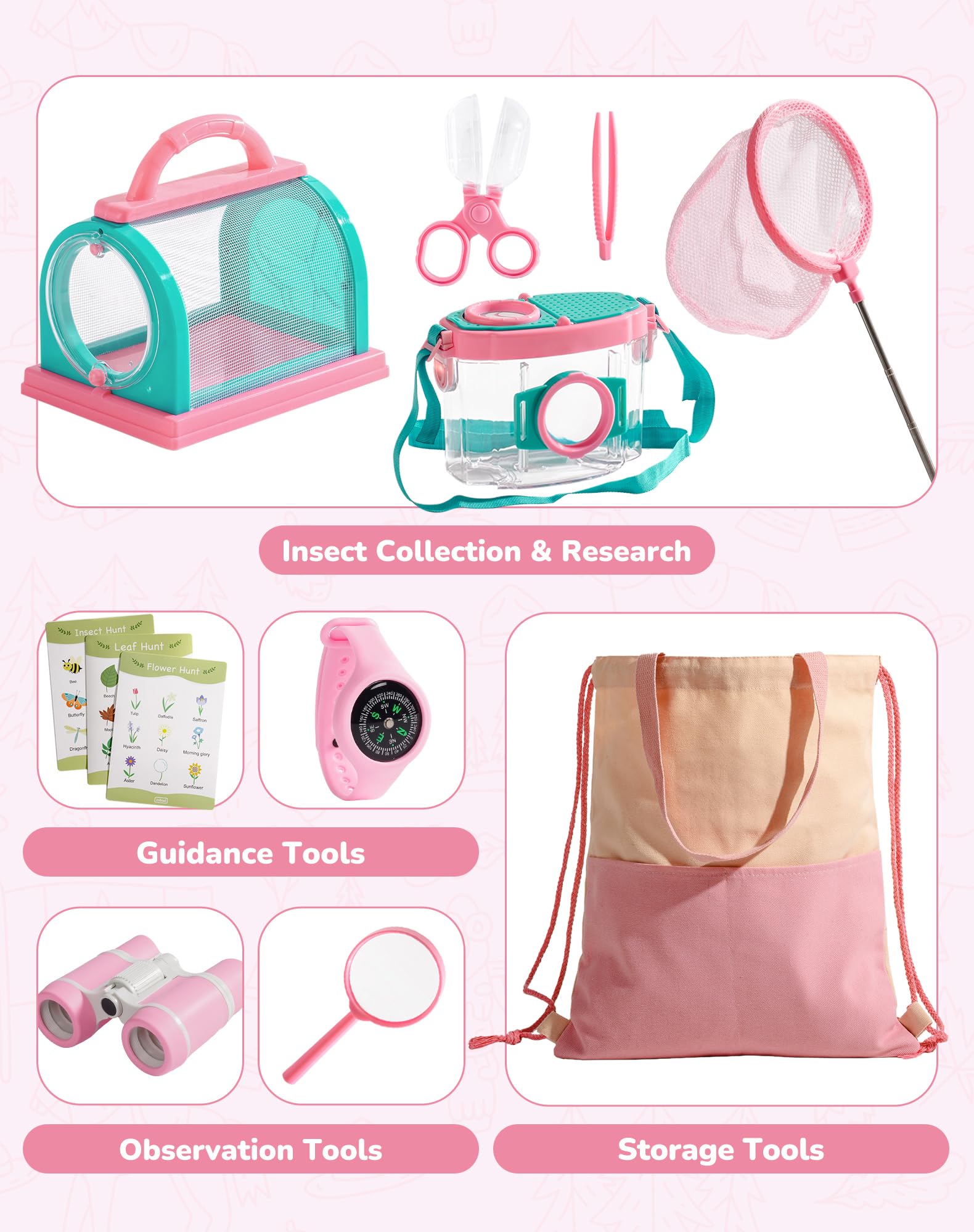 ROBOTIME Juego de atrapa insectos y explorador infantil, juego de caza de insectos con lupa, visor de insectos, bolsa de transporte y accesorios, regalo para niñas de 3 a 12 años (rosa, 12 piezas)