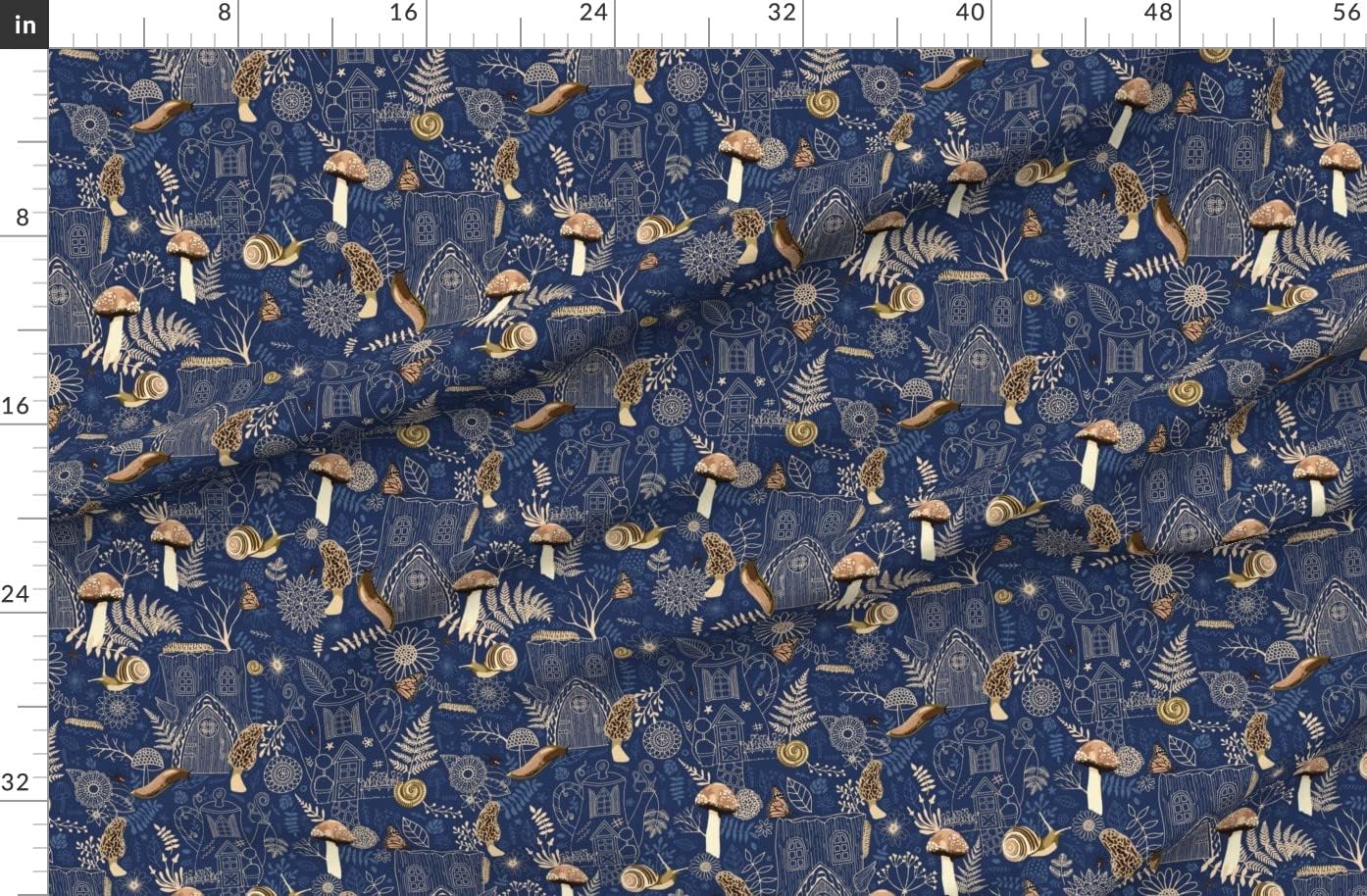 Spoonflower Fabric - Forest Blue Gold Nature Snail Fantasy Bugs Printed on Organic Cotton Sateen Fabric by The Yard - Sewing Quilting Apparel Home Decor