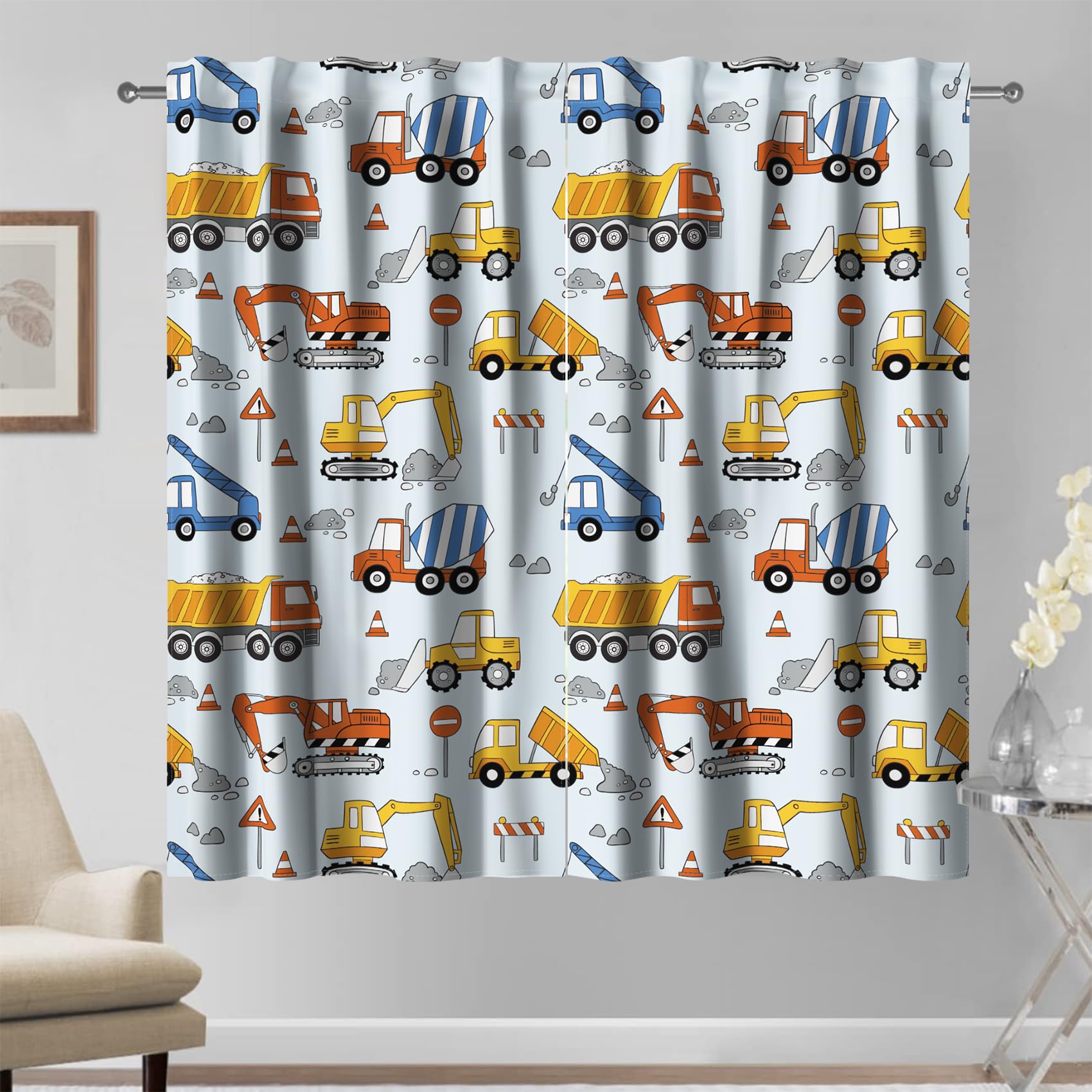 107x160cm Rideaux pour Enfants 2 Panneaux, Chantier de Construction camions excavatrice Grue Bulldozer Rideau Filtre la lumière, Décoration Bleu Jaune pour Chambre de garçon Enfant et Salon