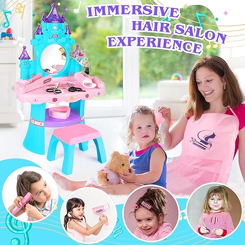 Miniatura 2 de Juego de mesa y silla para niños pequeños con espejo, luz y música, tocador para niñas con juguetes de peluquería para edades de 2 a 4 años,
