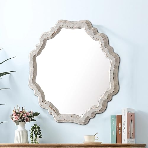 Miniatura 5 de Espejos redondos rústicos festoneados blancos para decoración de pared de sala de estar de 15.7 pulgadas, espejo de tocador circular de madera