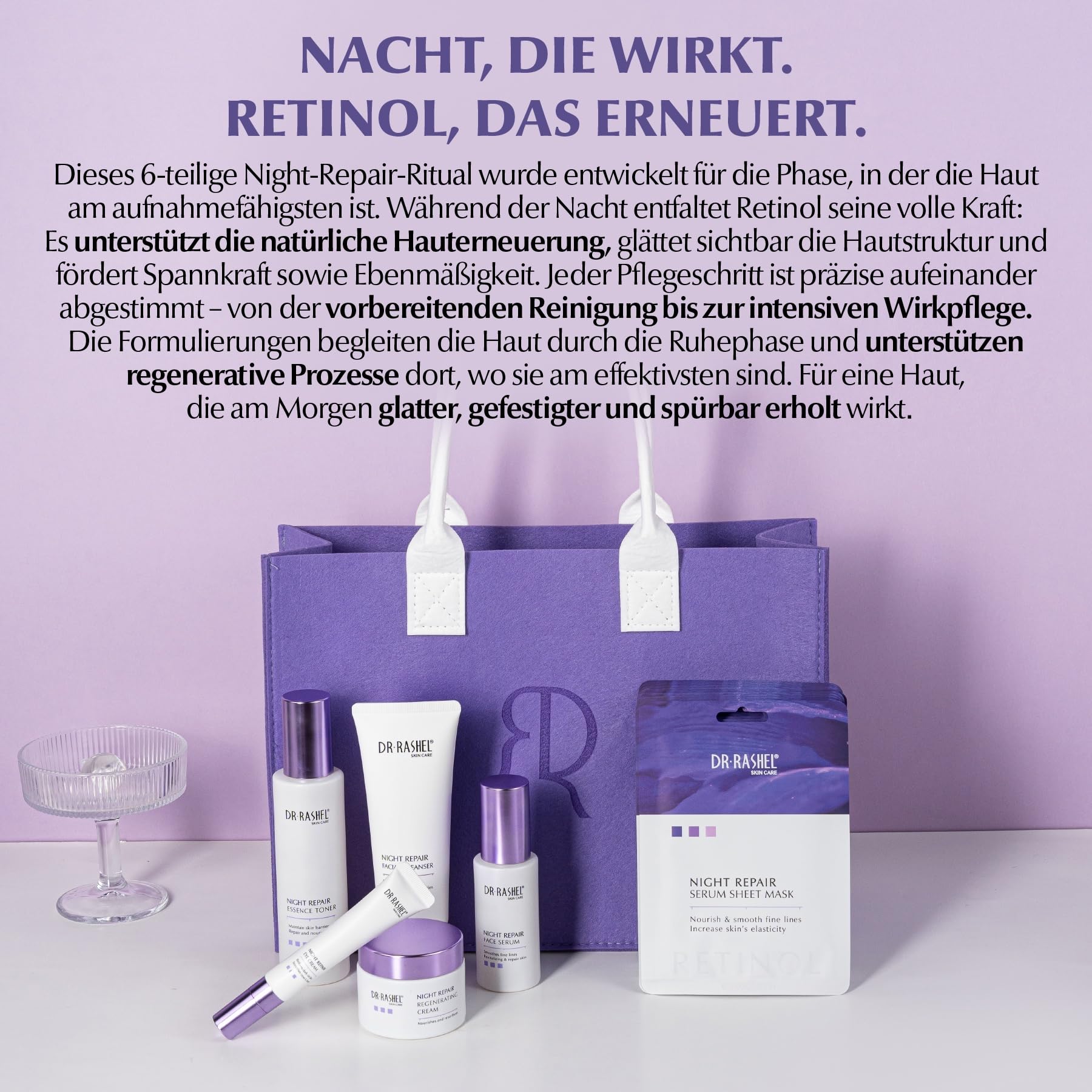 Zestaw do pielęgnacji twarzy z retinolem – serum do twarzy, serum pod oczy, krem na dzień i na noc, 10 x maseczka chusteczkowa, oczyszczanie twarzy, toner, krem przeciwsłoneczny SPF 50