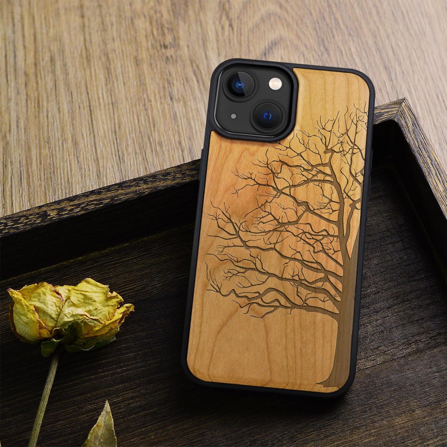 Carveit Magnetic Wooden Case for iPhone 15 Case, Compatible with MagSafe Wireless Chargers, Black Soft TPU Shockproof Cover & Wood Artisan Engraved (Eternal Tree) - Cherry