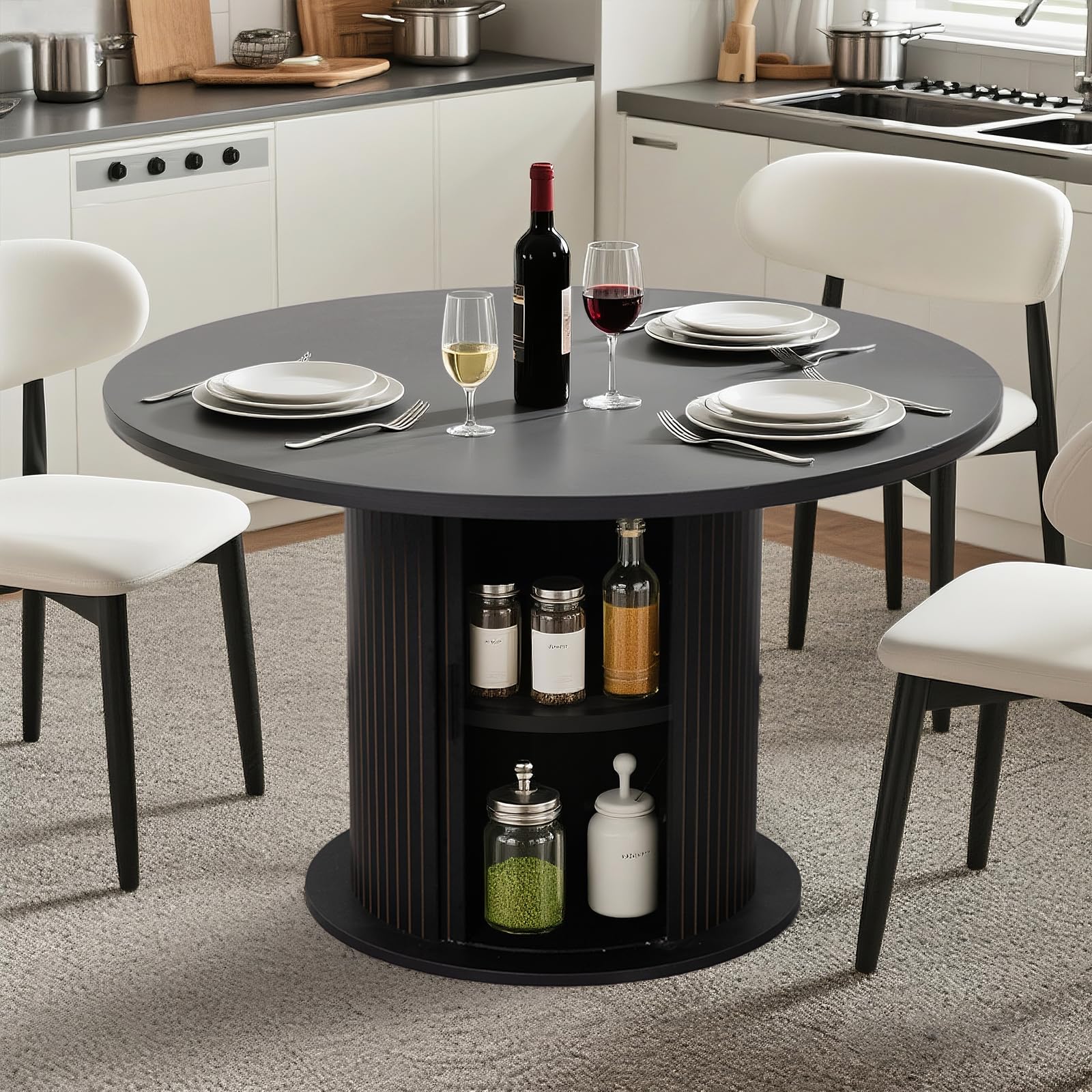 VICBARLEY Round Table with Storage,47"Modern Storage Kitchen Dining Table for 4-6 People with Curved Sliding Door Fluted Wood Coffee Table Thickened