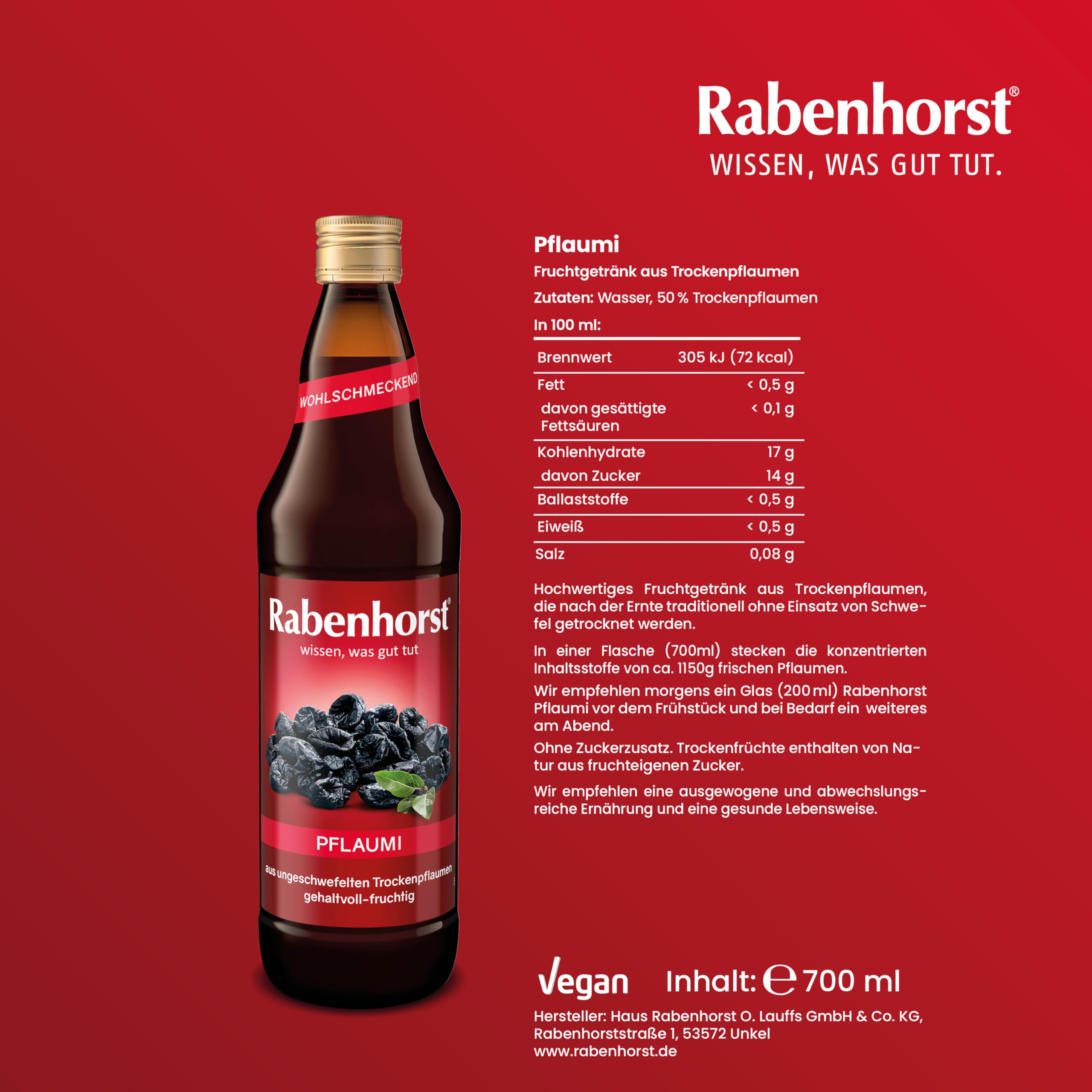 RABENHORST Pflaumi 6er Pack (6 x 700 ml). Fruchtiges Pflaumen-Getränk aus ungeschwefelten Trockenpflaumen | Fruchtiges Pflaumen-Getränk aus ungeschwefelten Trockenpflaumen