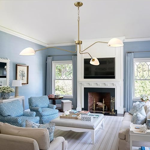 Miniatura 3 de Candelabro de 3 luces doradas de mediados de siglo, lámpara moderna dorada de 65.5 pulgadas con pantalla de vidrio blanco, lámpara colgante de 3