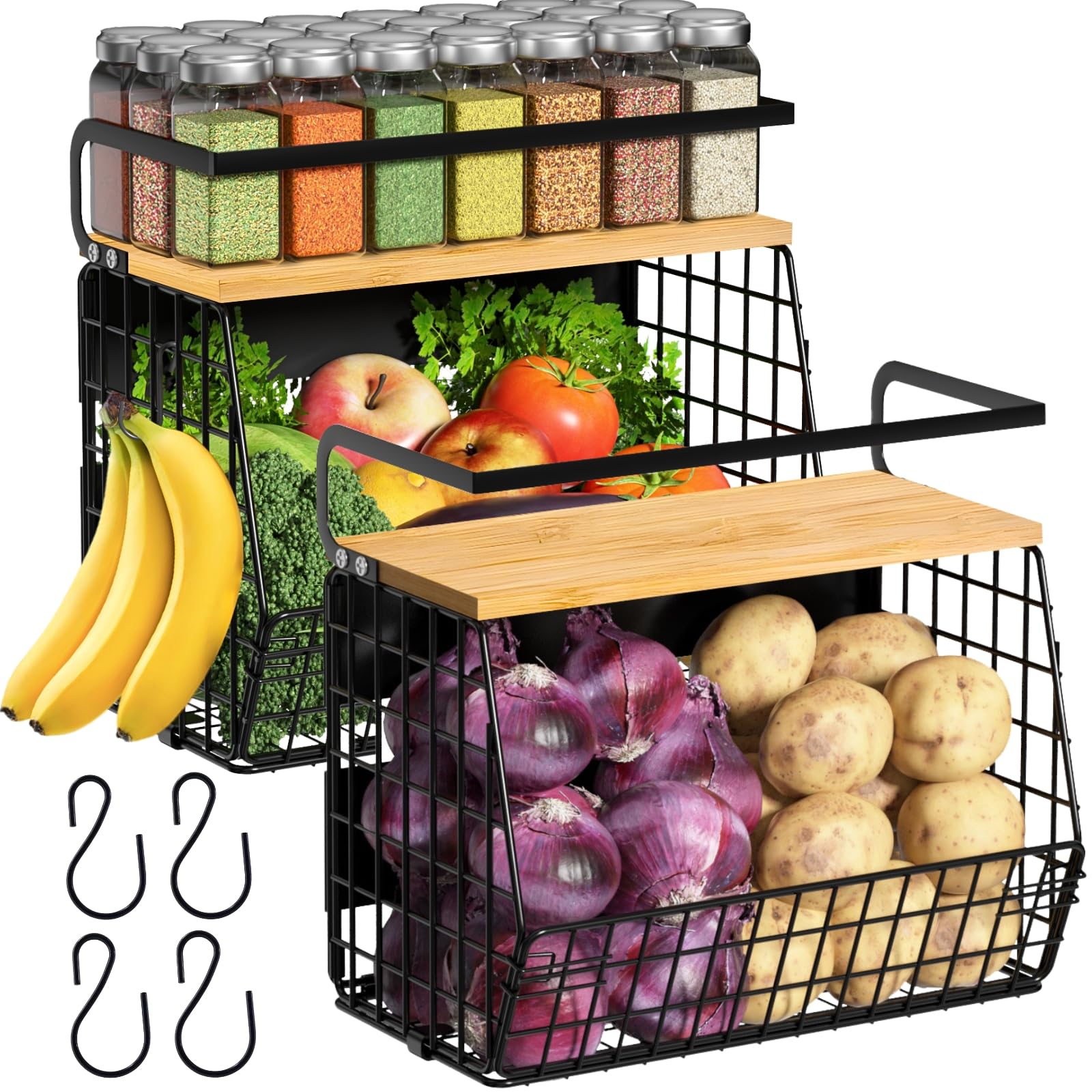 Photo 1 of 2 Set Magnetic Shelf for Refrigerator with Wood Lid, Fruit Potato & Onion Storage Bins, Pantry Organizers & Storage, Large Container Magnetic Spice Rack for Refrigerator, Kitchen Counter, Cabinet