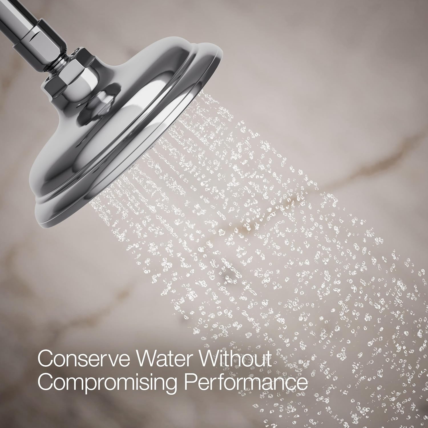 Close-up of the Kohler Artifacts showerhead in operation, showing water spraying out.