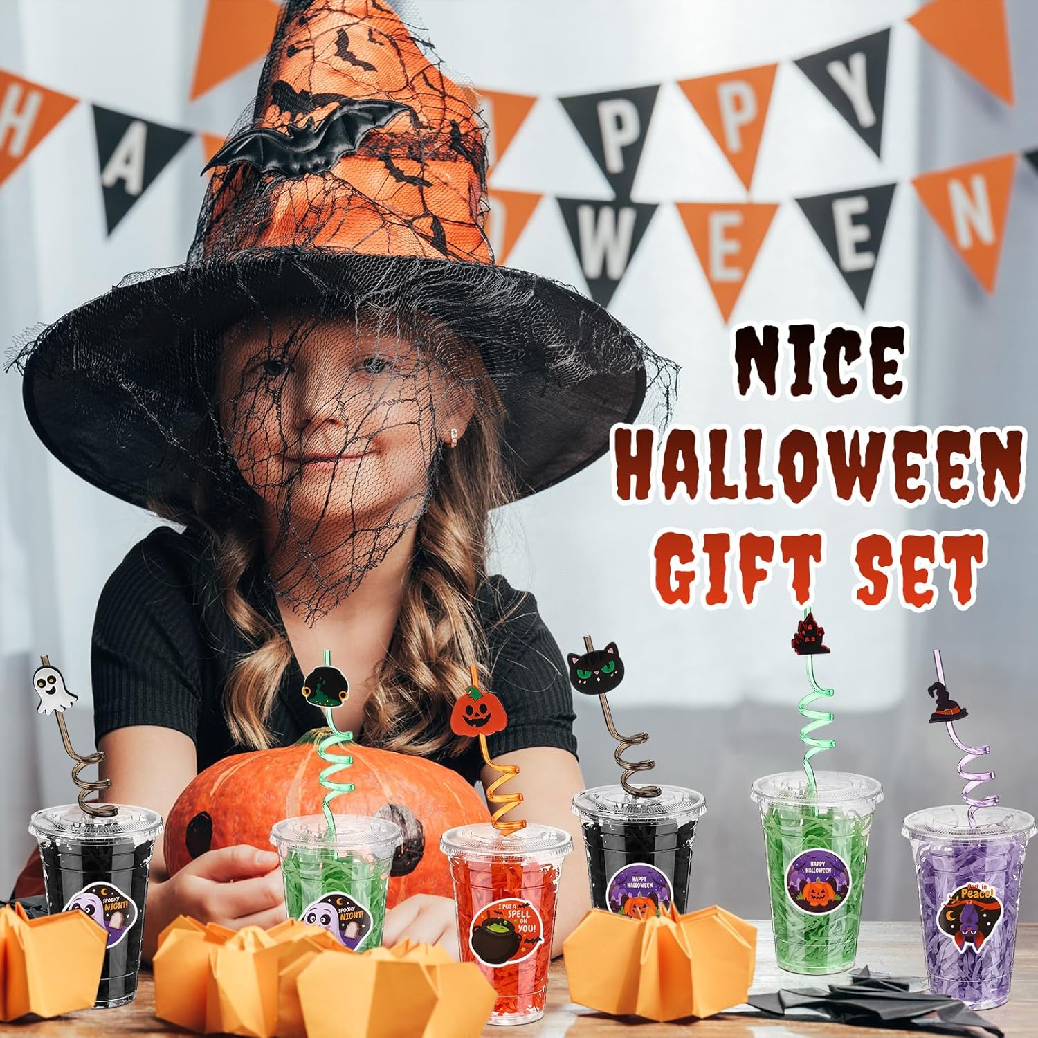 100 Pcs Halloween Party Favors Gift Cups Filler for Student, Trick or Treat Plastic Cups with Lid Silly Straw and Raffia for Classroom Gift Halloween Party Goodie Bag Decoration(Classic,Black) - Image 3