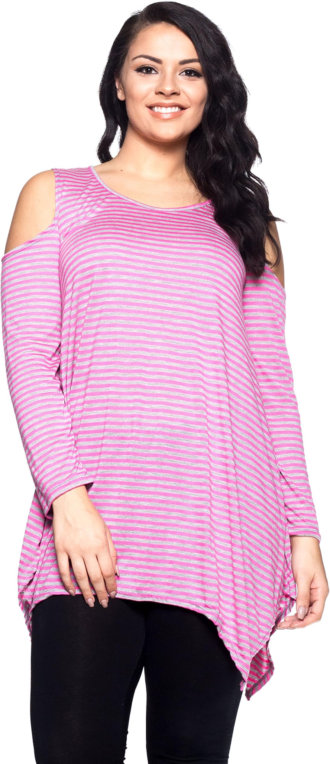 Hot Ginger Womens Plus Size Shark Bite Cold Shoulder Top (2X, Grey Fuscia)
