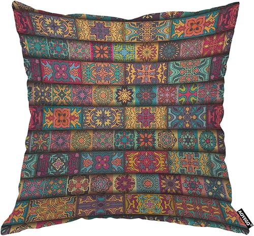 AOYEGO Funda de almohada bohemia con diseño floral de collage floral étnico colorido con patrón de flores tribales de 18 x 18 pulgadas, funda de