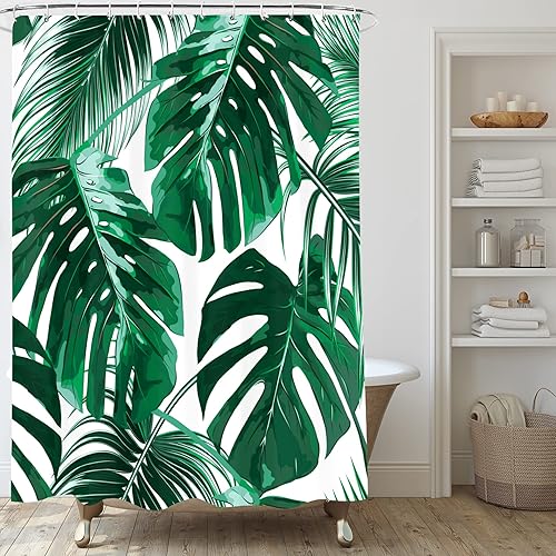 Miniatura 5 de Cortina de ducha con diseño de plantas tropicales, juego de cortinas de ducha botánicas con hojas verdes, cortinas de ducha Monstera para baño, tela