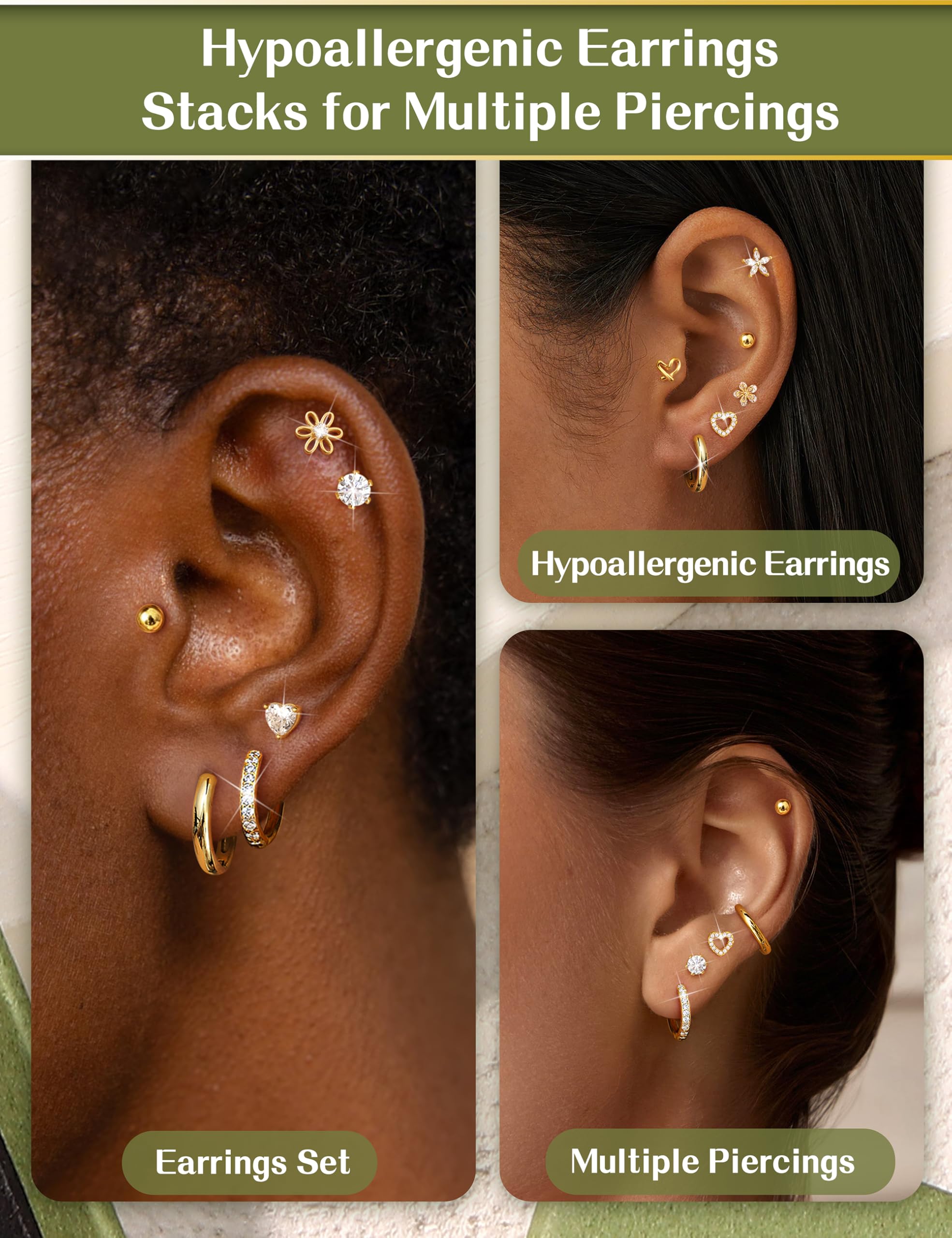LOLIAS Kolczyki z płaskim tyłem, srebrne, pozłacane kolczyki dla kobiet, hipoalergiczne, ze stali chirurgicznej, kolczyki do chrząstki, muszli, tragus, helix, piercing biżuteria