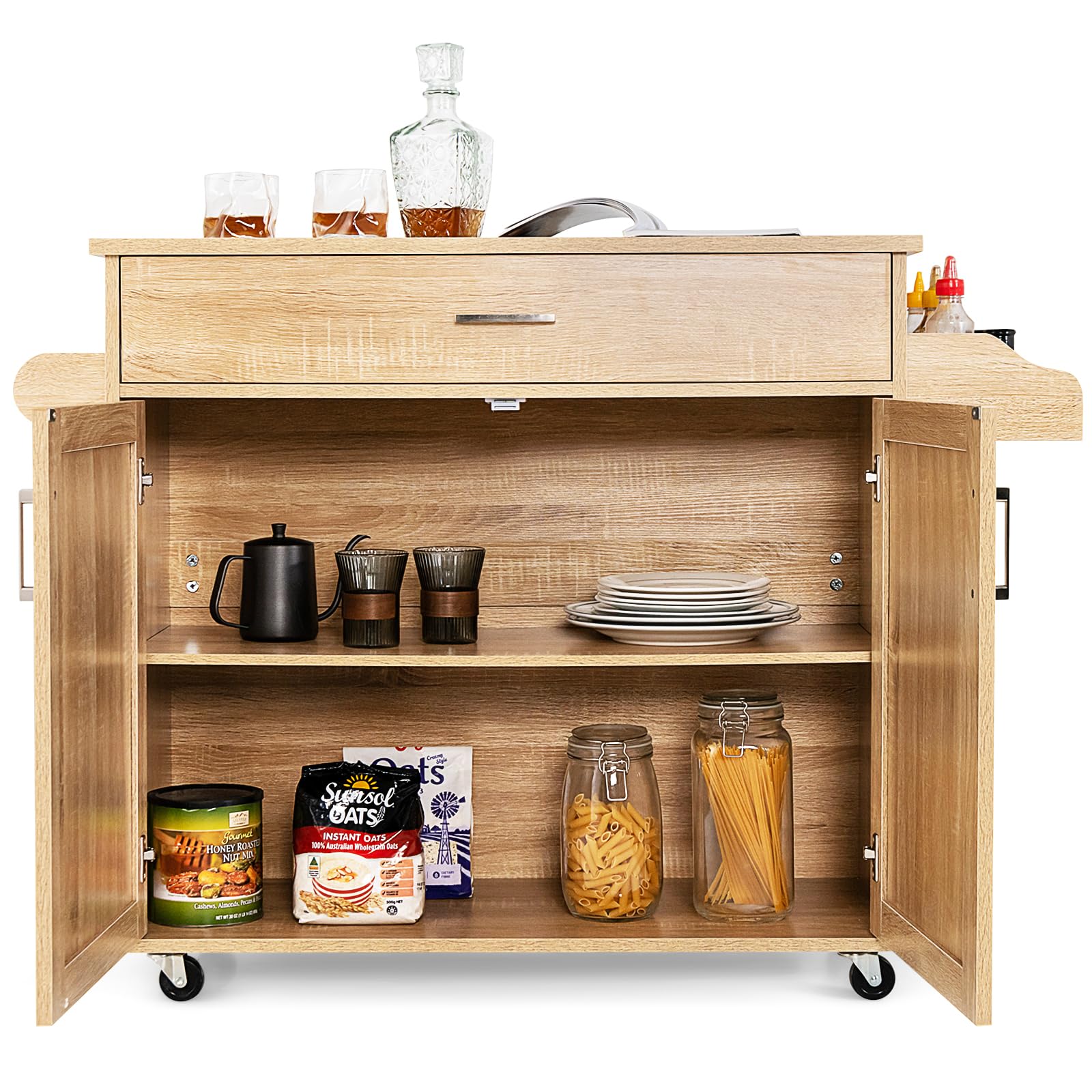RELAX4LIFE Carro de cocina grande con ruedas correderas con frenos de pedales, carro de servicio de madera barnizada con armario y cajones espaciosos, 136 x 76 x 91 cm (natural)
