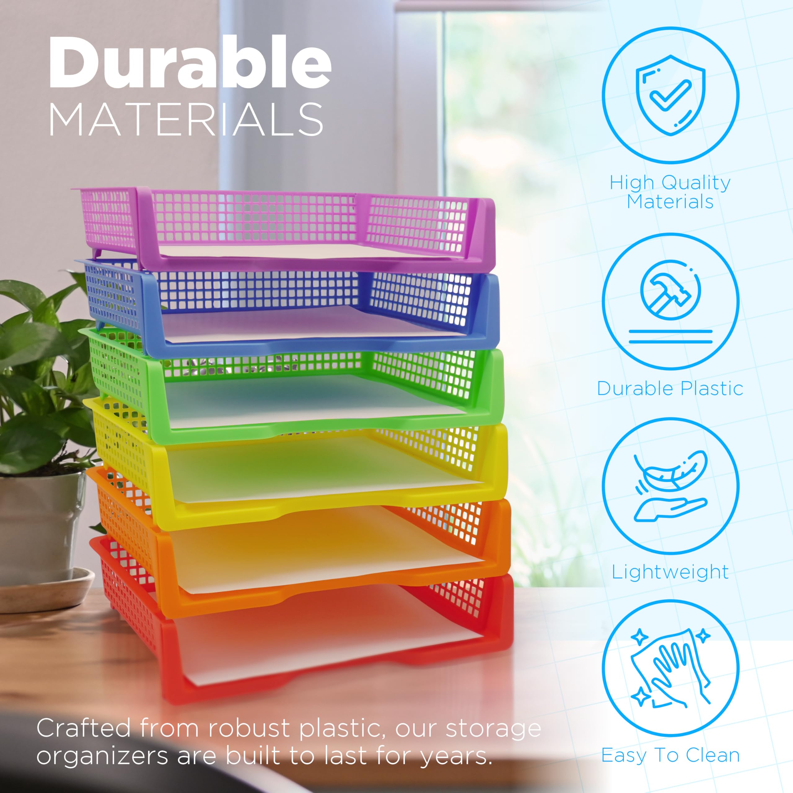 4E's Novelty 6 vassoi colorati in plastica per insegnanti, vassoi durevoli da girare, organizer per carta in classe, cestini impilabili per scrivania da ufficio, forniture per organizzazione in